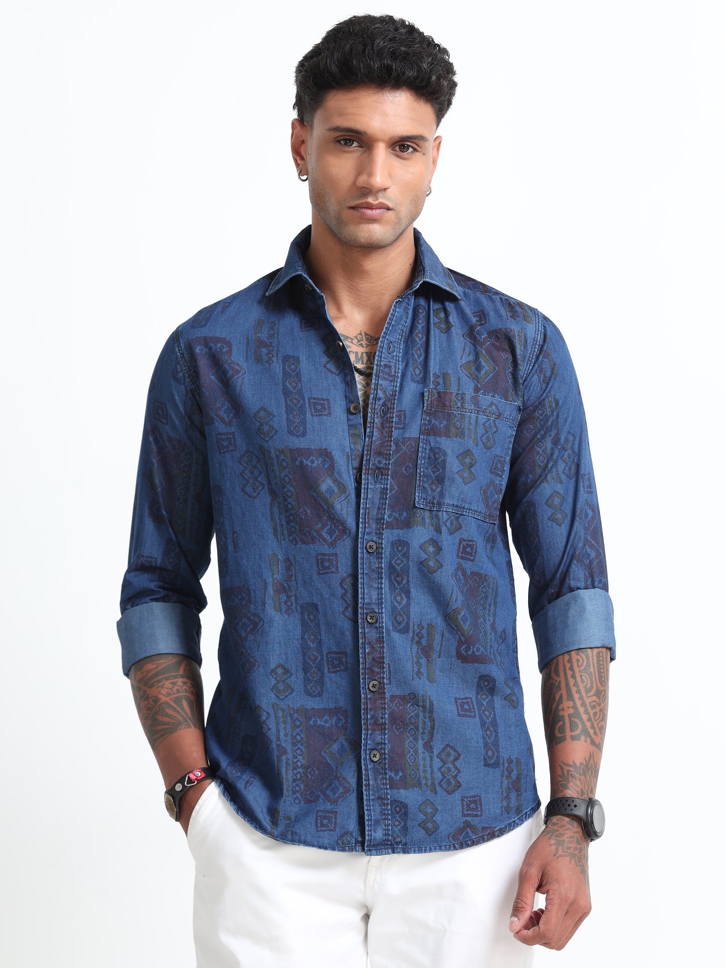 Dark Printed Men's Denim Printed Shirt