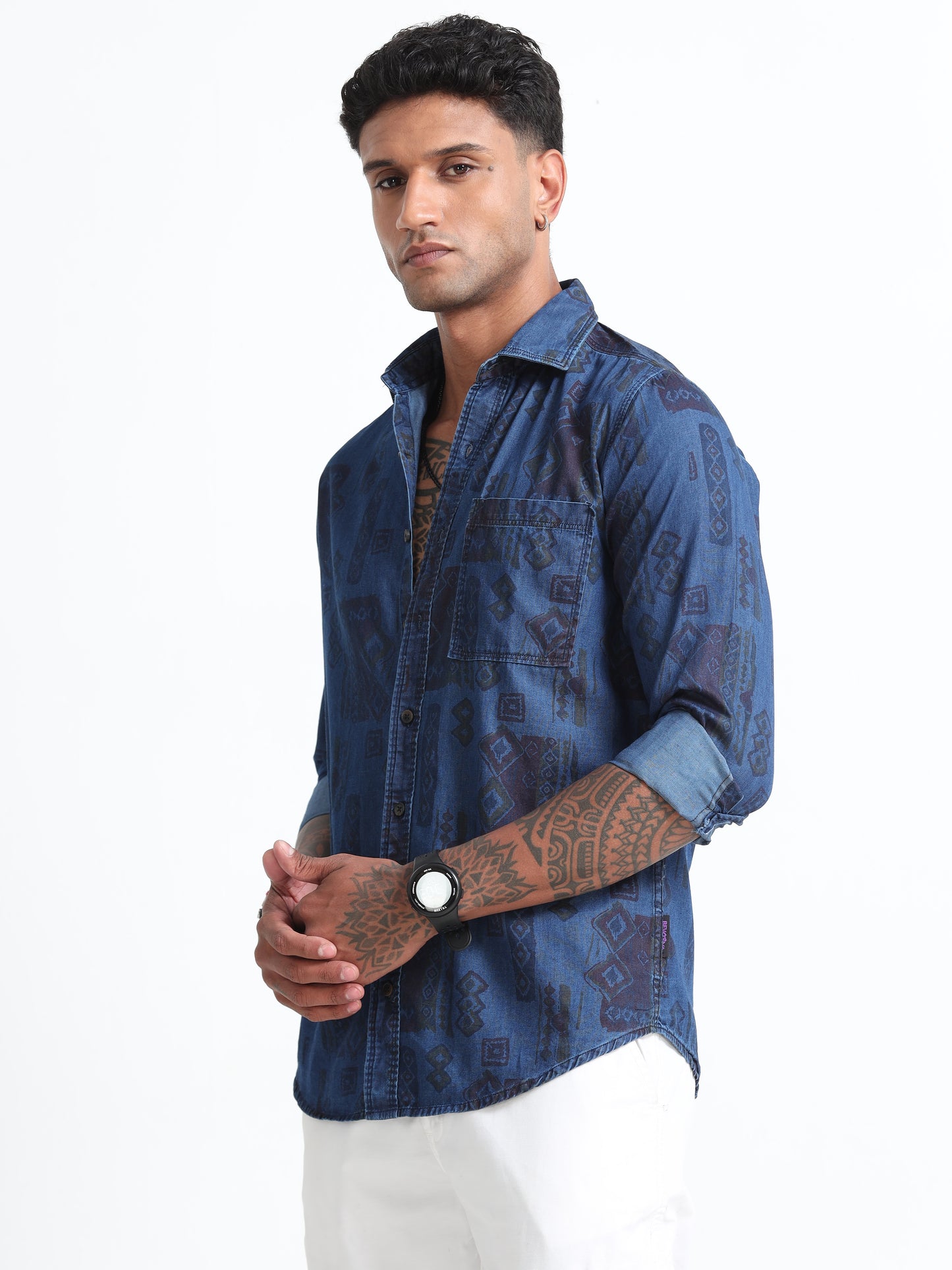 Dark Printed Men's Denim Printed Shirt