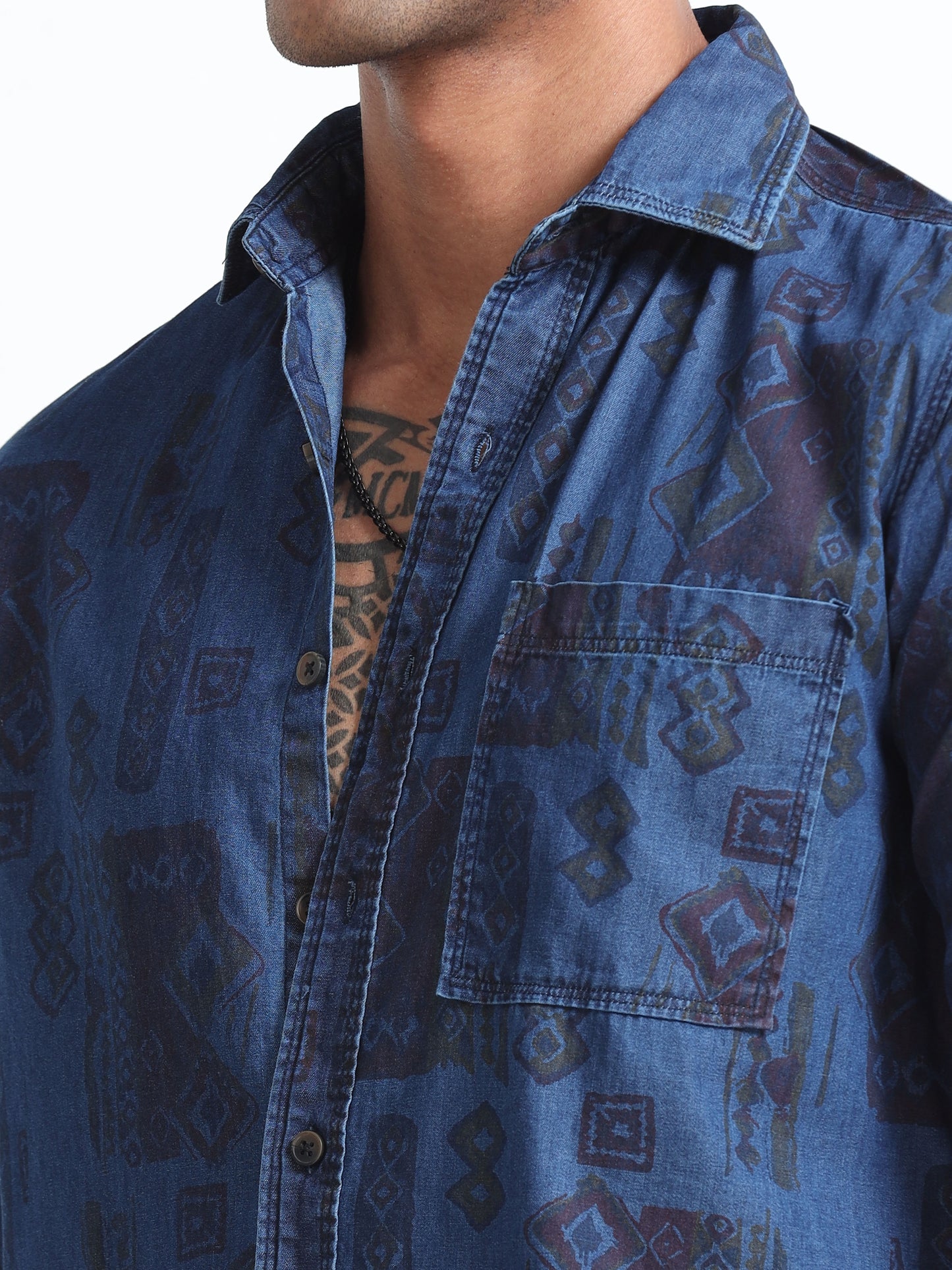 Dark Printed Men's Denim Printed Shirt