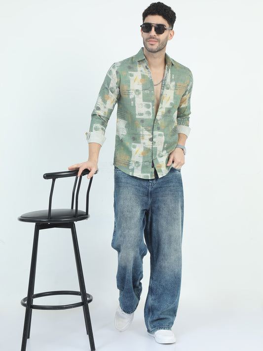 Green Pattern Abstract Linen Printed Shirt