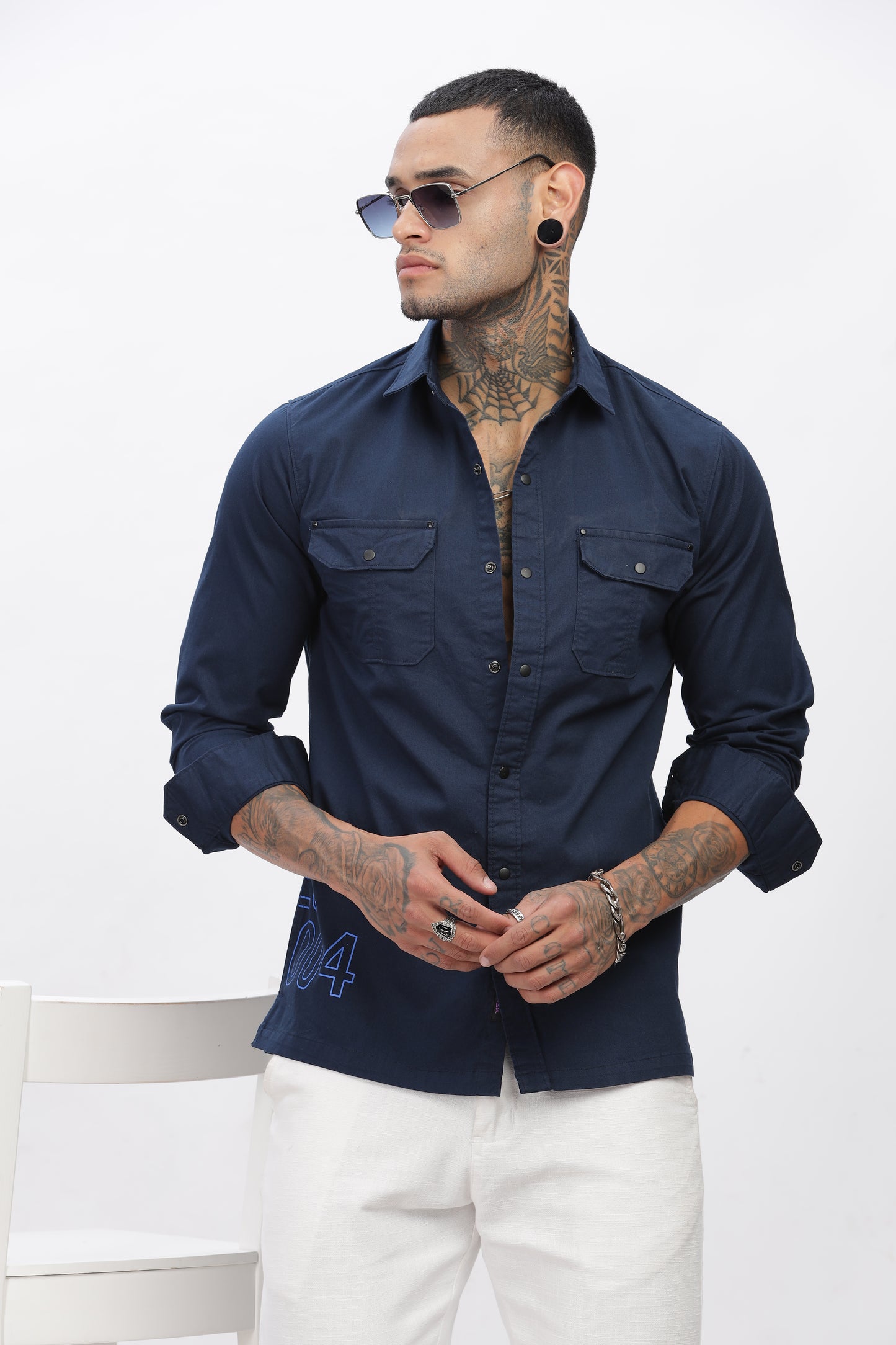 Navy Blue Regular Solid Shirt For Men