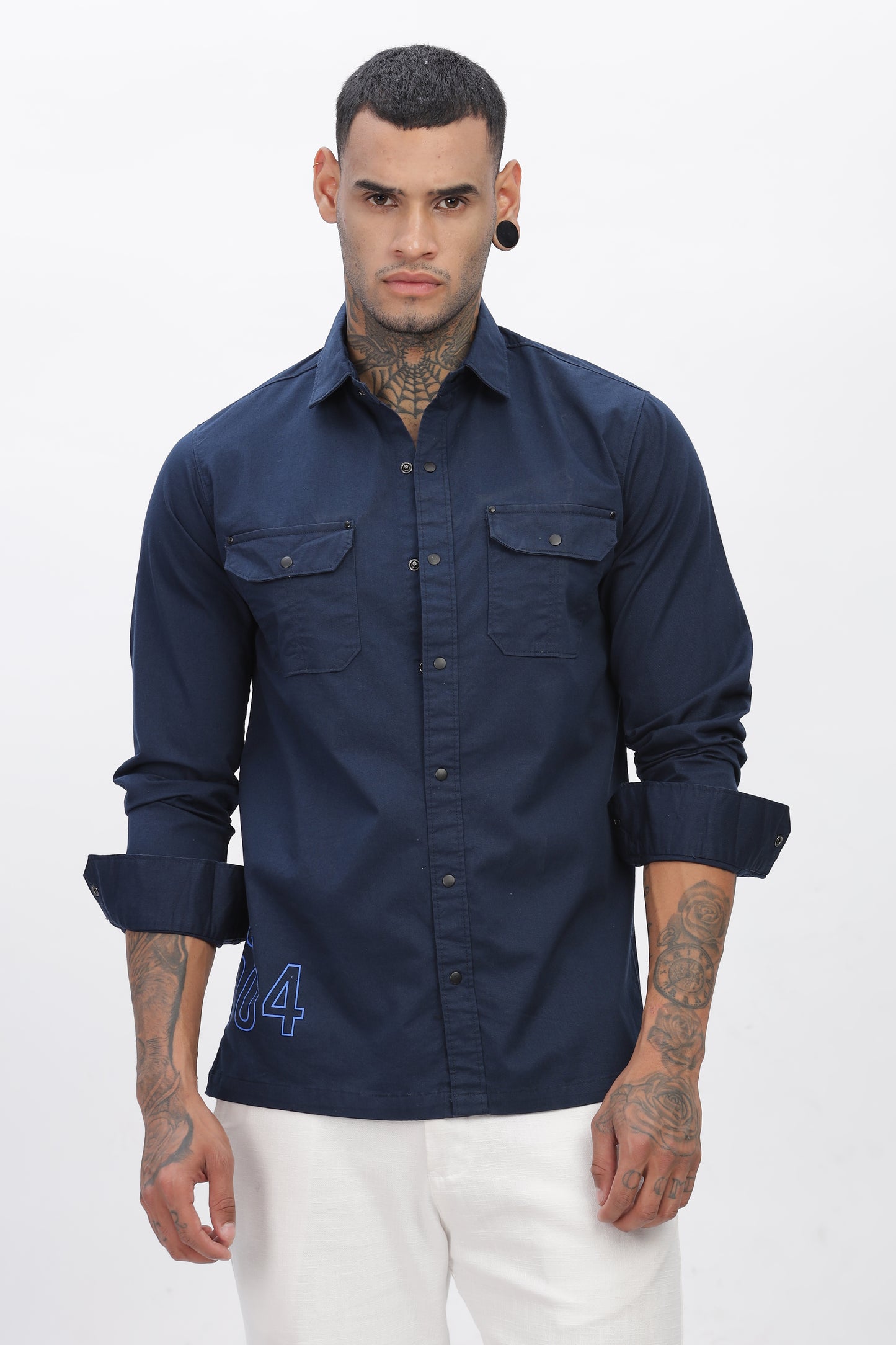 Navy Blue Regular Solid Shirt For Men