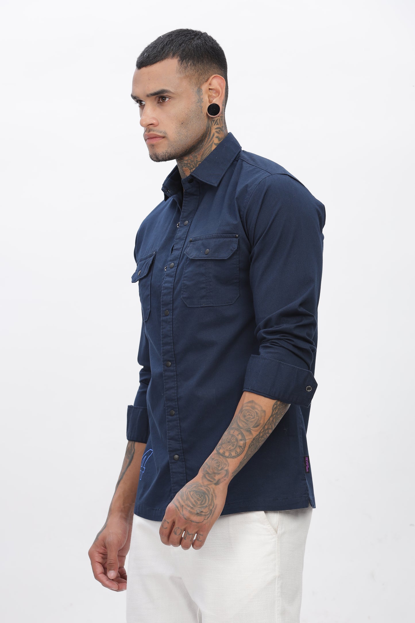 Navy Blue Regular Solid Shirt For Men