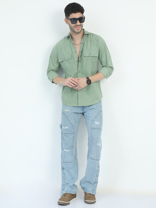 Light Green Corduroy Regular Collar Shirt