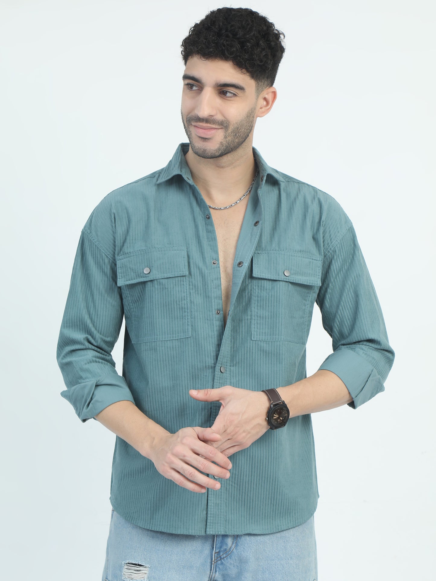 Sea Green Corduroy Regular Collar Shirt