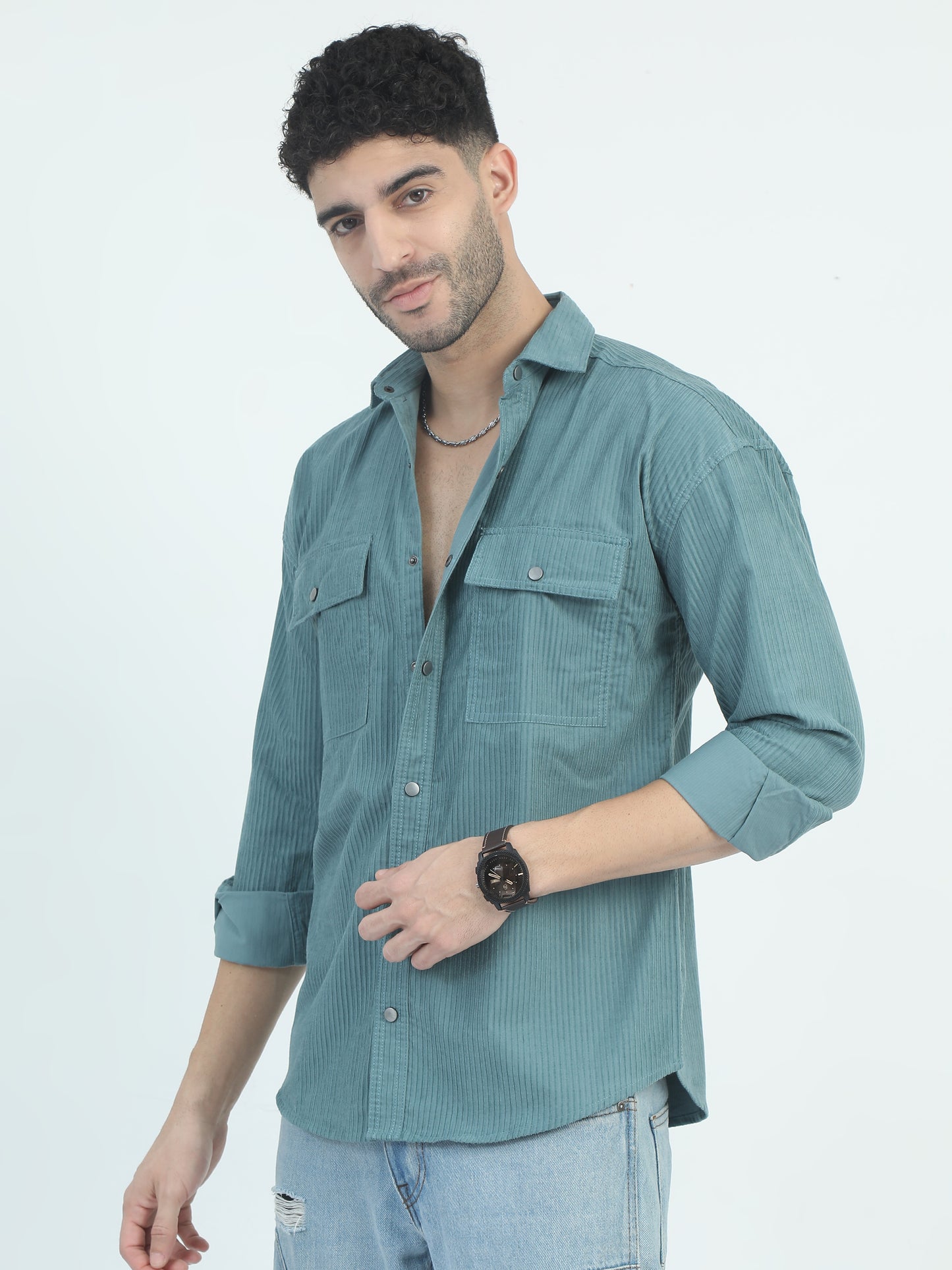 Sea Green Corduroy Regular Collar Shirt