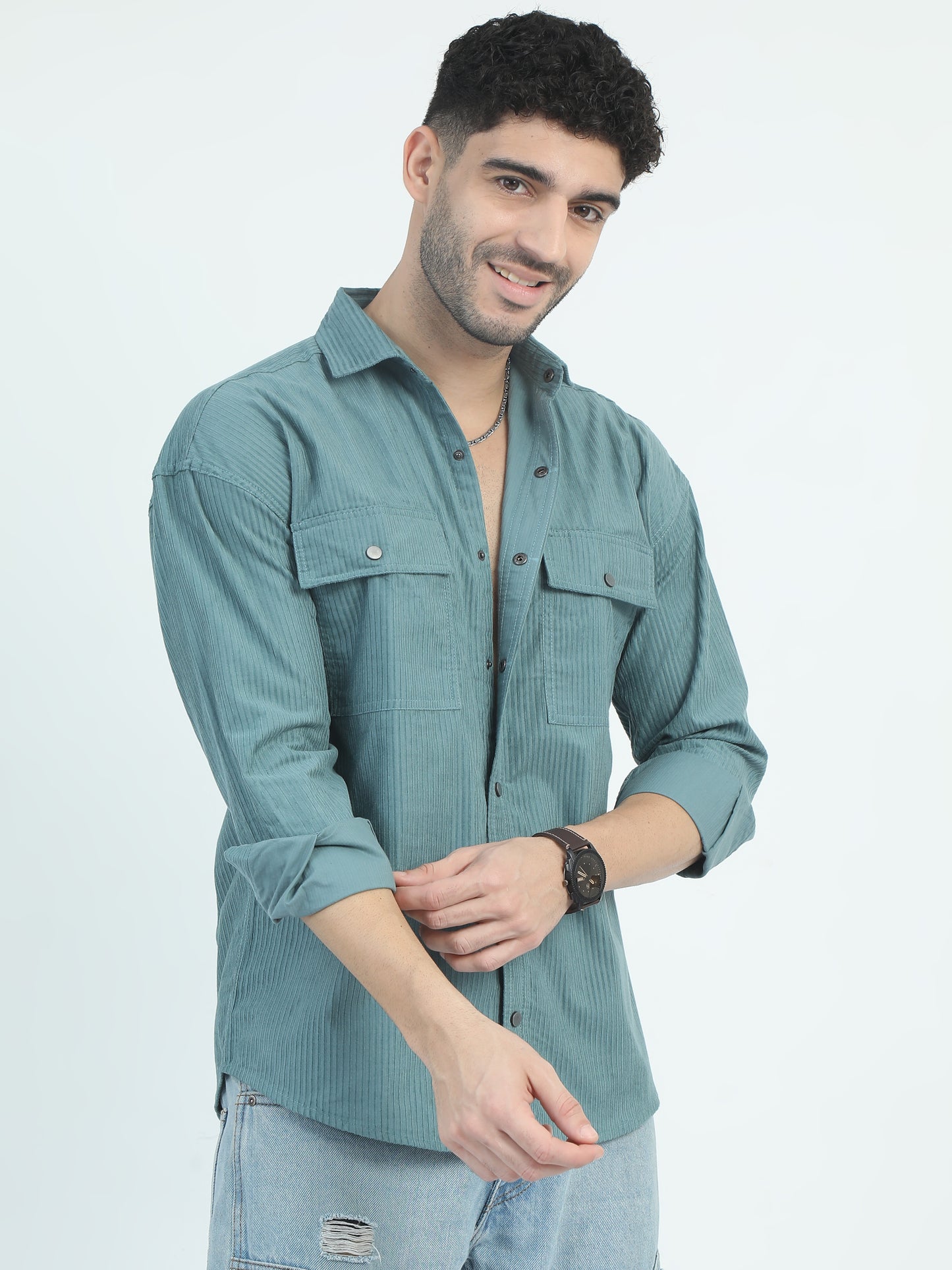 Sea Green Corduroy Regular Collar Shirt