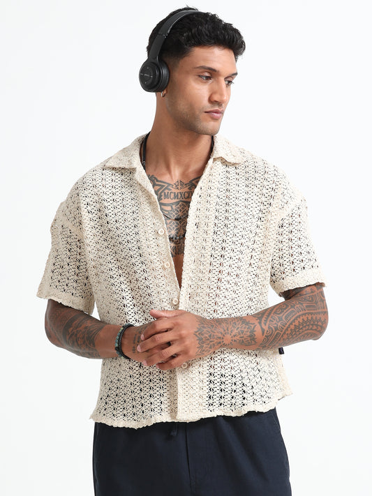 White Men's Crochet Cotton Resort Shirt