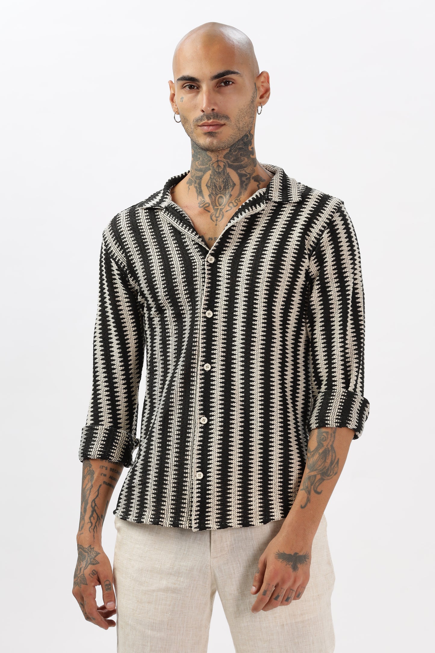 Black Zigzag Crochet Cuban Collar Shirt