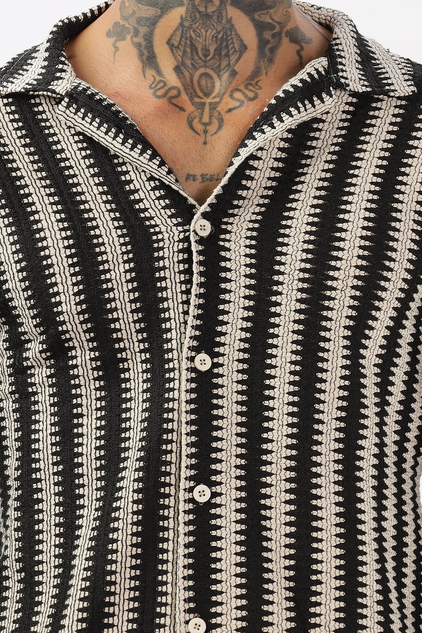 Black Zigzag Crochet Cuban Collar Shirt