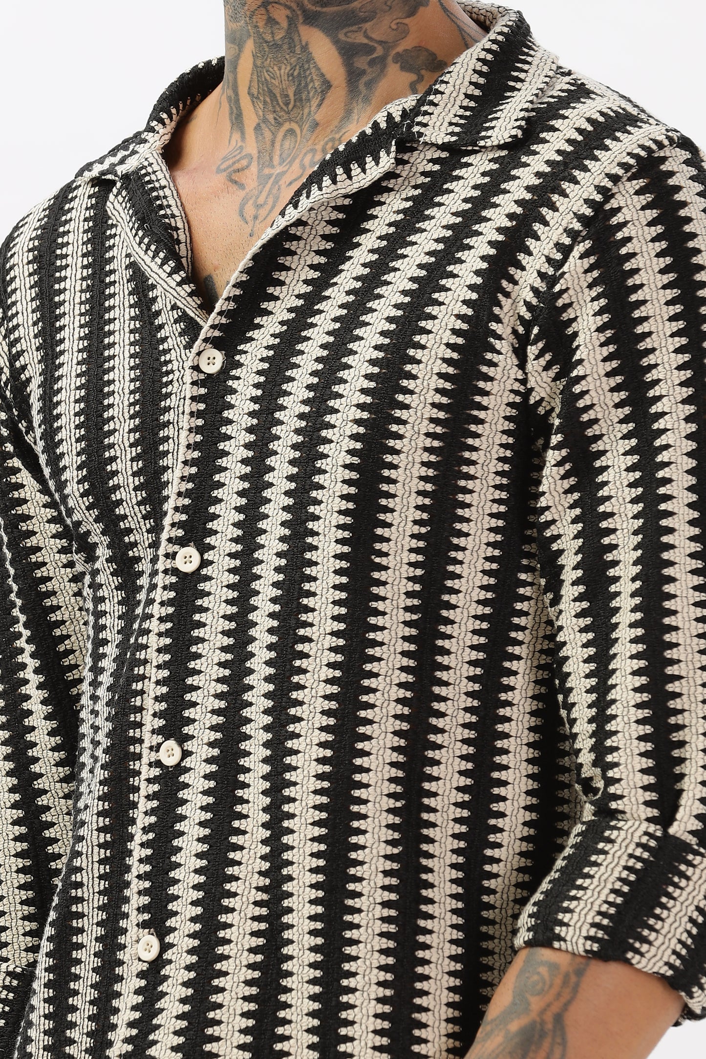 Black Zigzag Crochet Cuban Collar Shirt