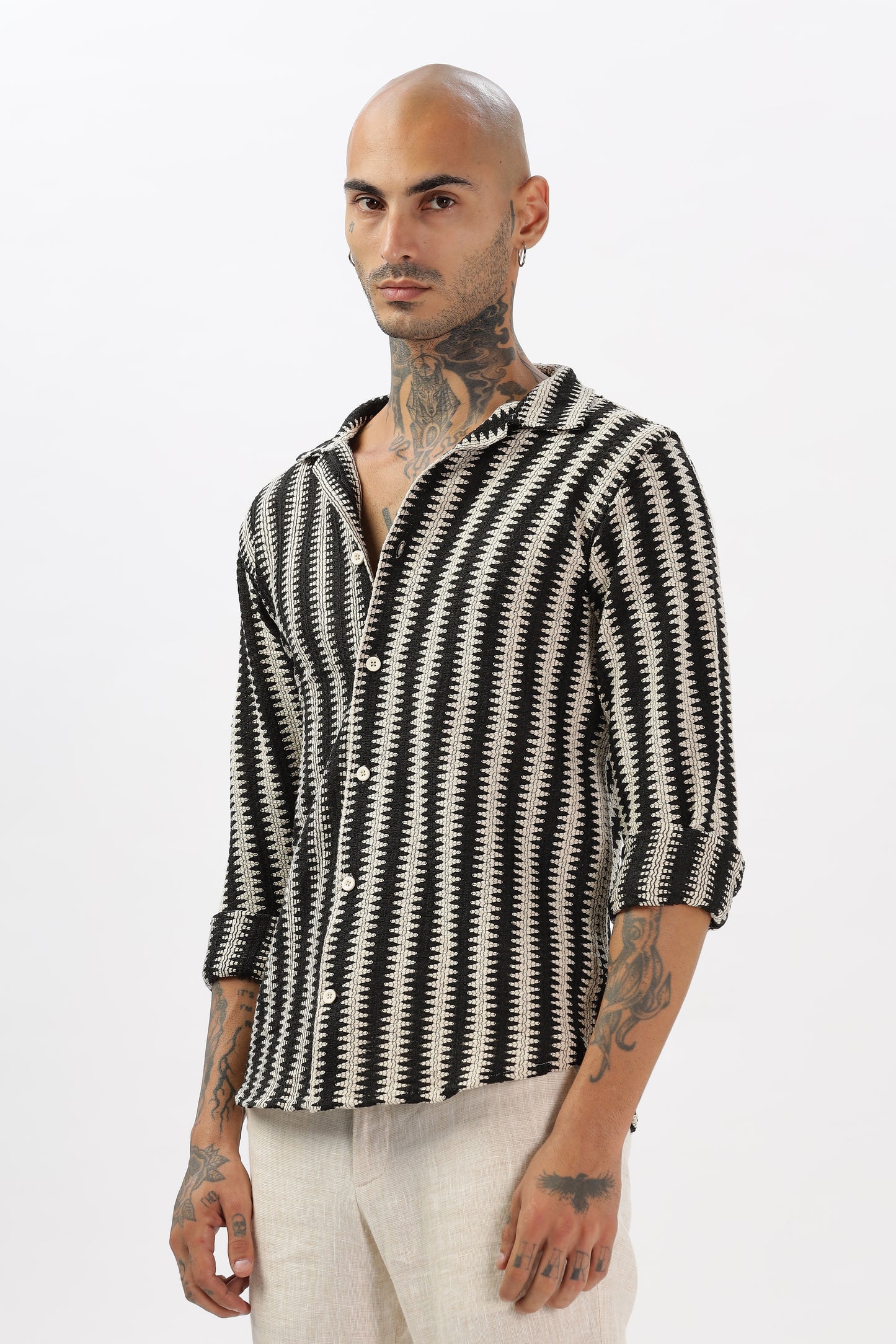 Black Zigzag Crochet Cuban Collar Shirt