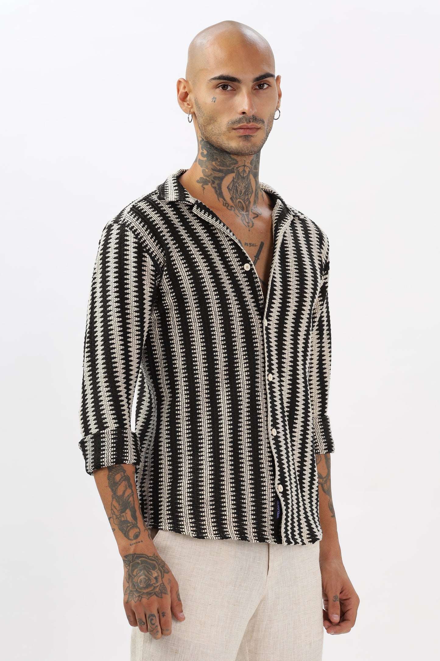 Black Zigzag Crochet Cuban Collar Shirt