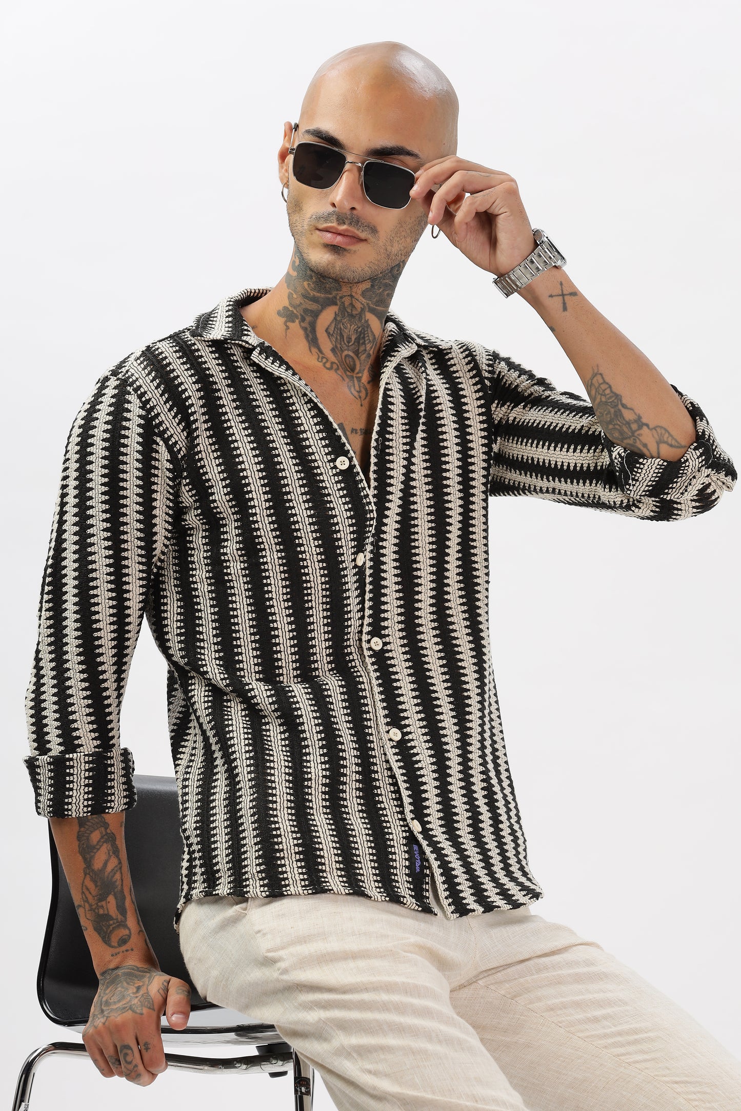 Black Zigzag Crochet Cuban Collar Shirt