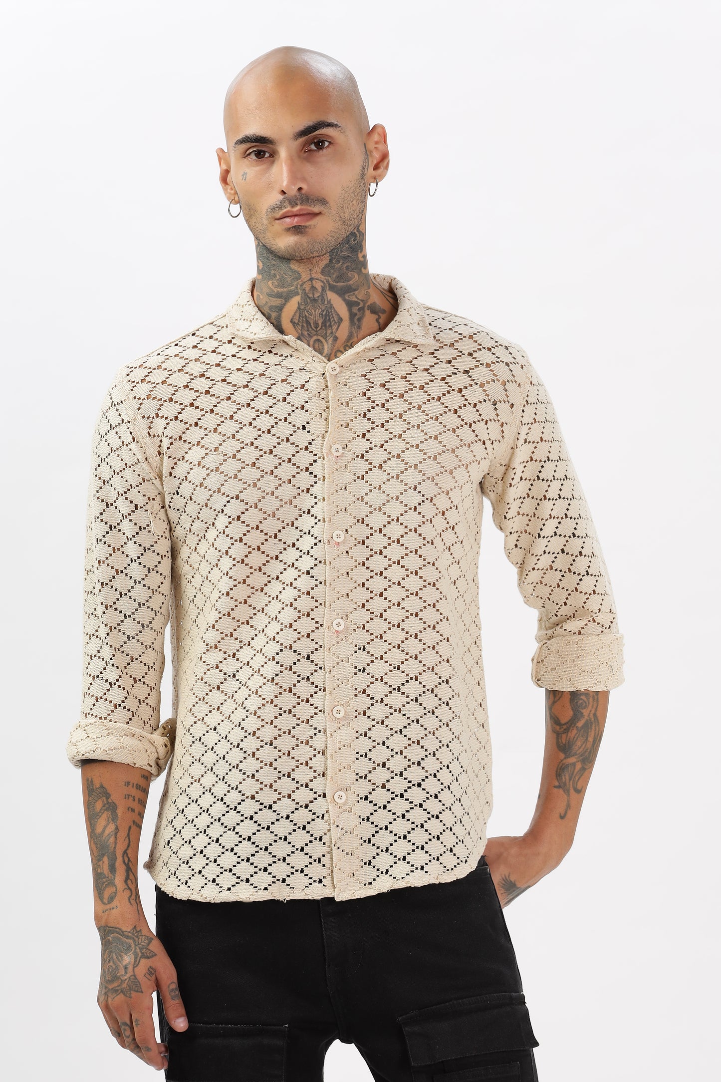 Ivory Hue Diamond Crochet Cuban Collar Shirt