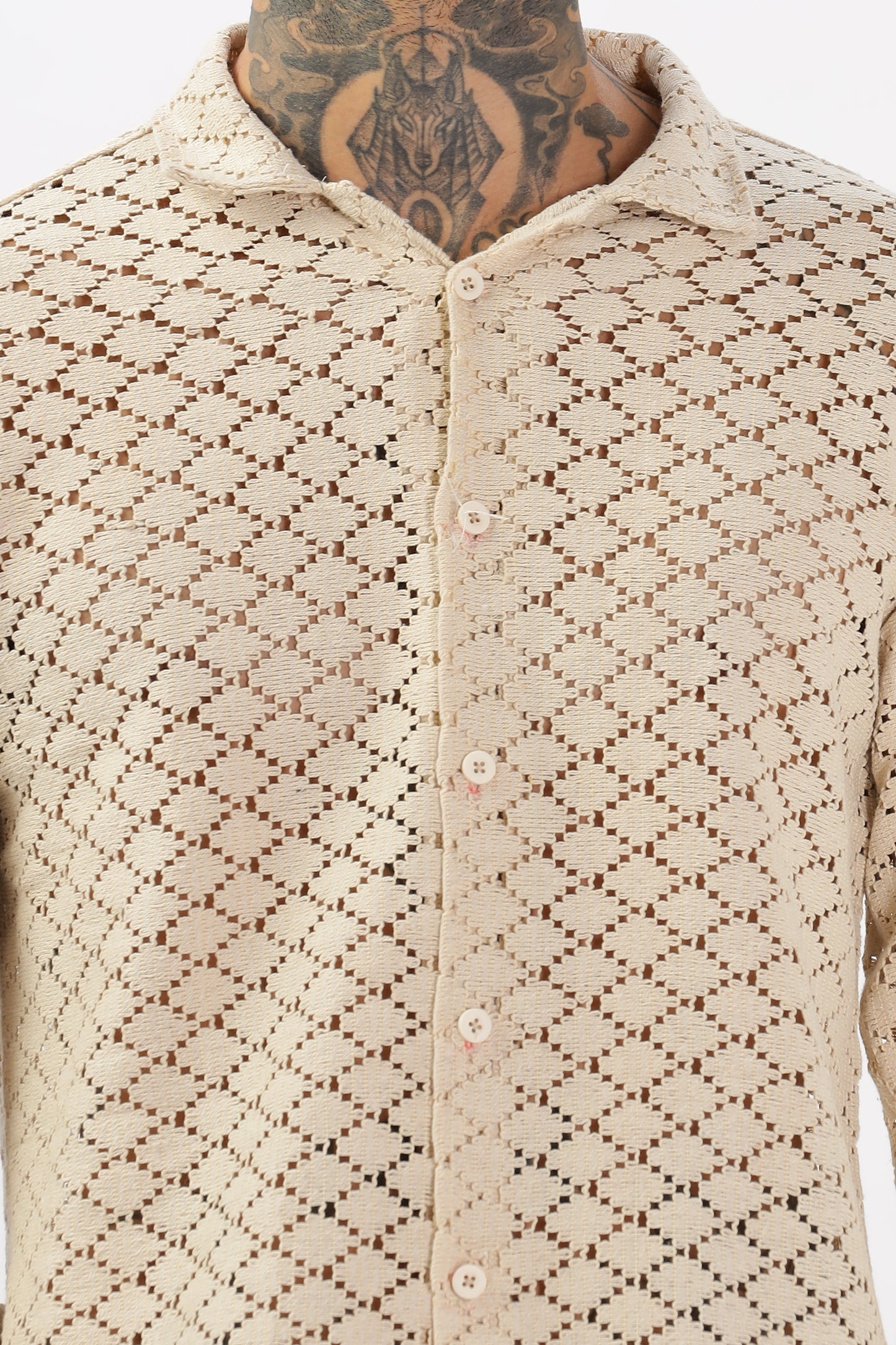 Ivory Hue Diamond Crochet Cuban Collar Shirt