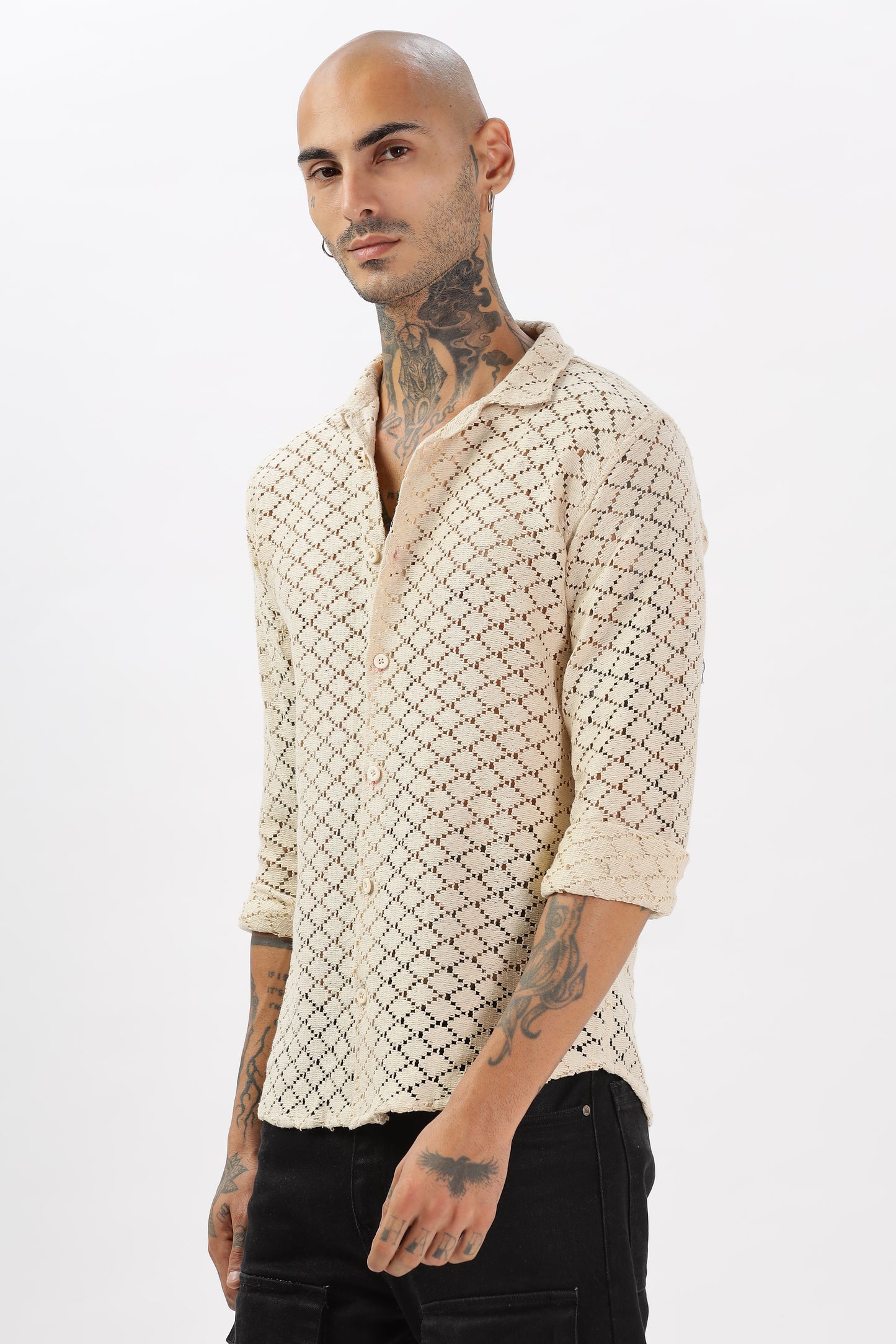 Ivory Hue Diamond Crochet Cuban Collar Shirt