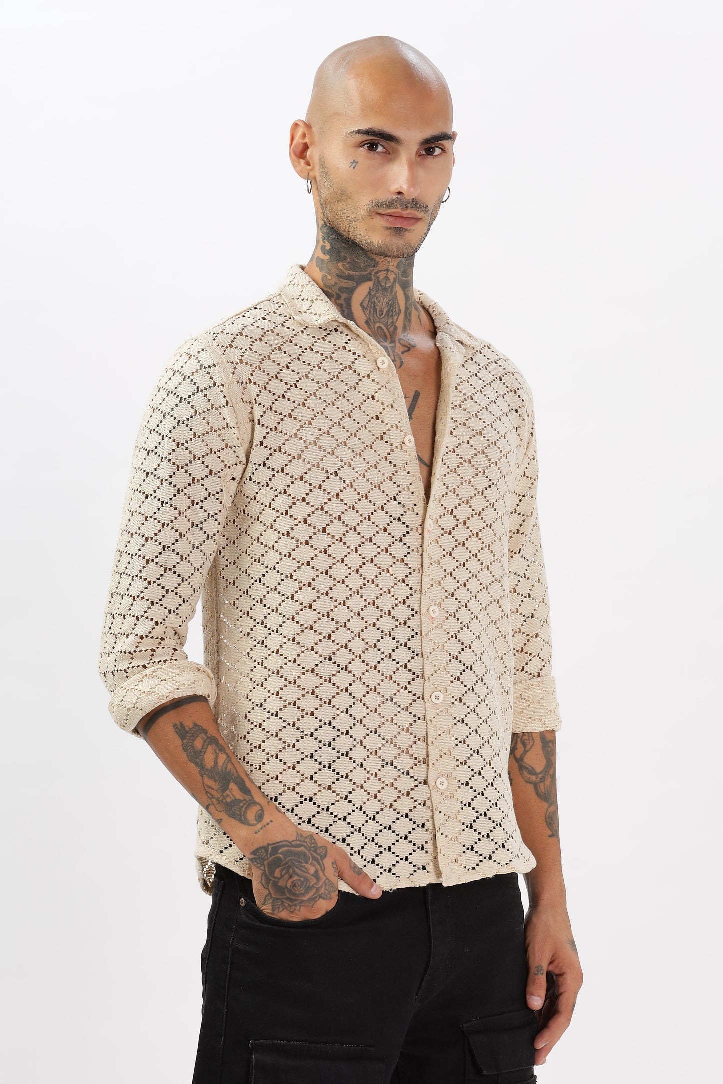 Ivory Hue Diamond Crochet Cuban Collar Shirt