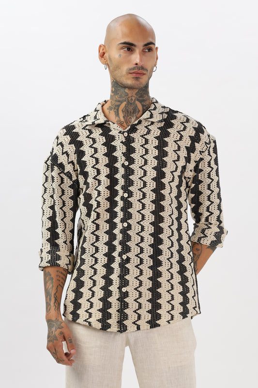 Black & Ivory Wavy Stripe Crochet Cuban Collar Shirt