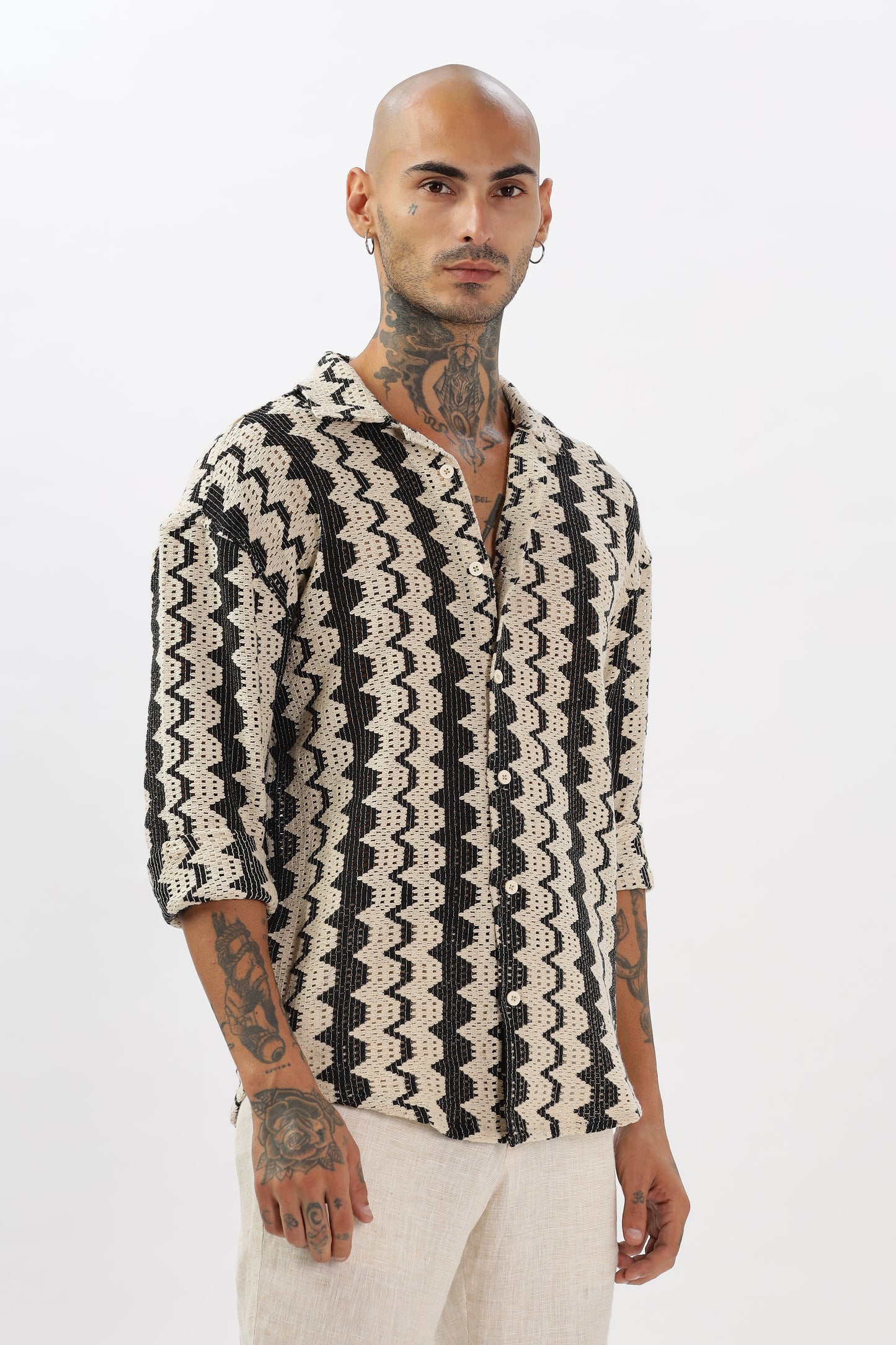 Black & Ivory Wavy Stripe Crochet Cuban Collar Shirt