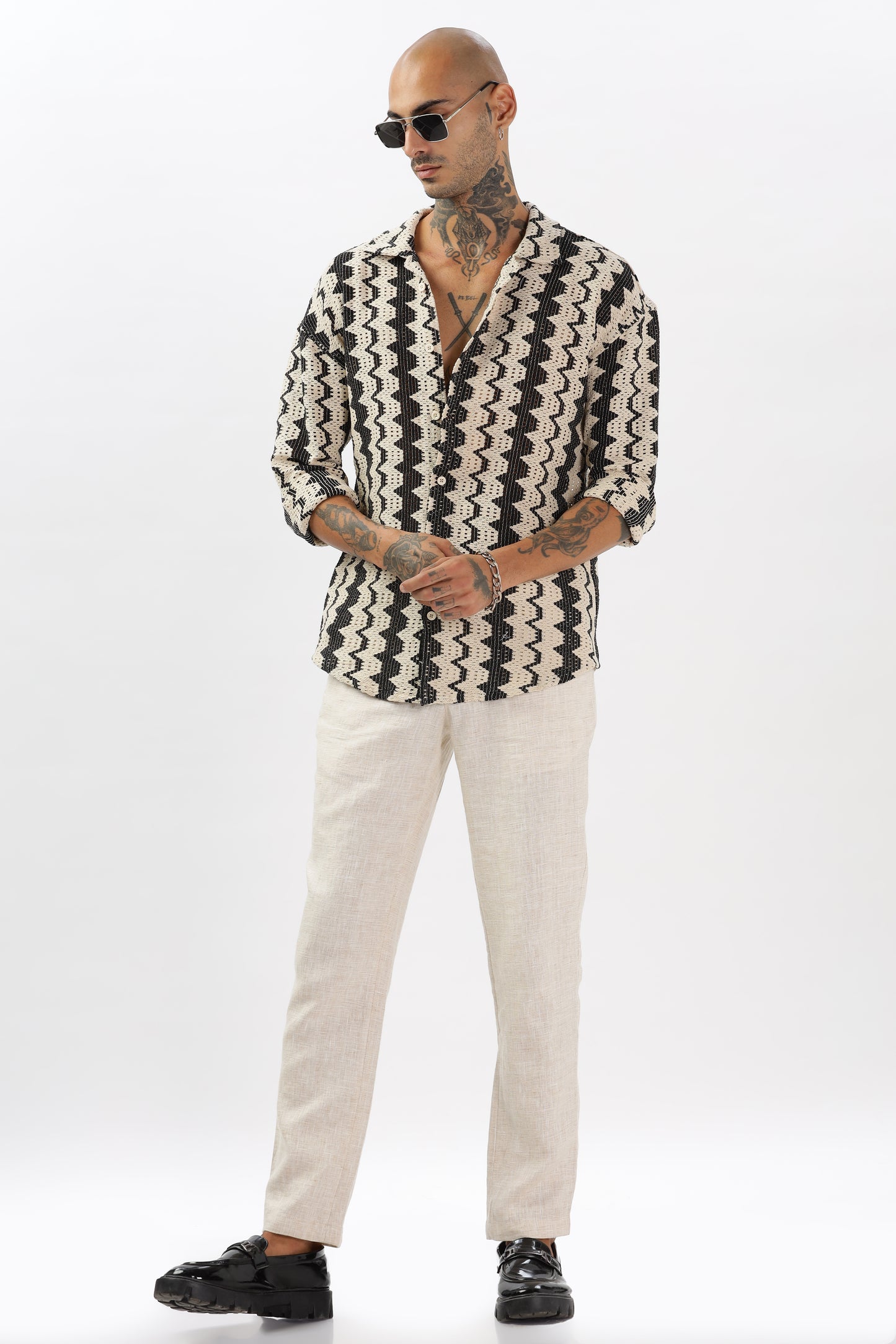 Black & Ivory Wavy Stripe Crochet Cuban Collar Shirt