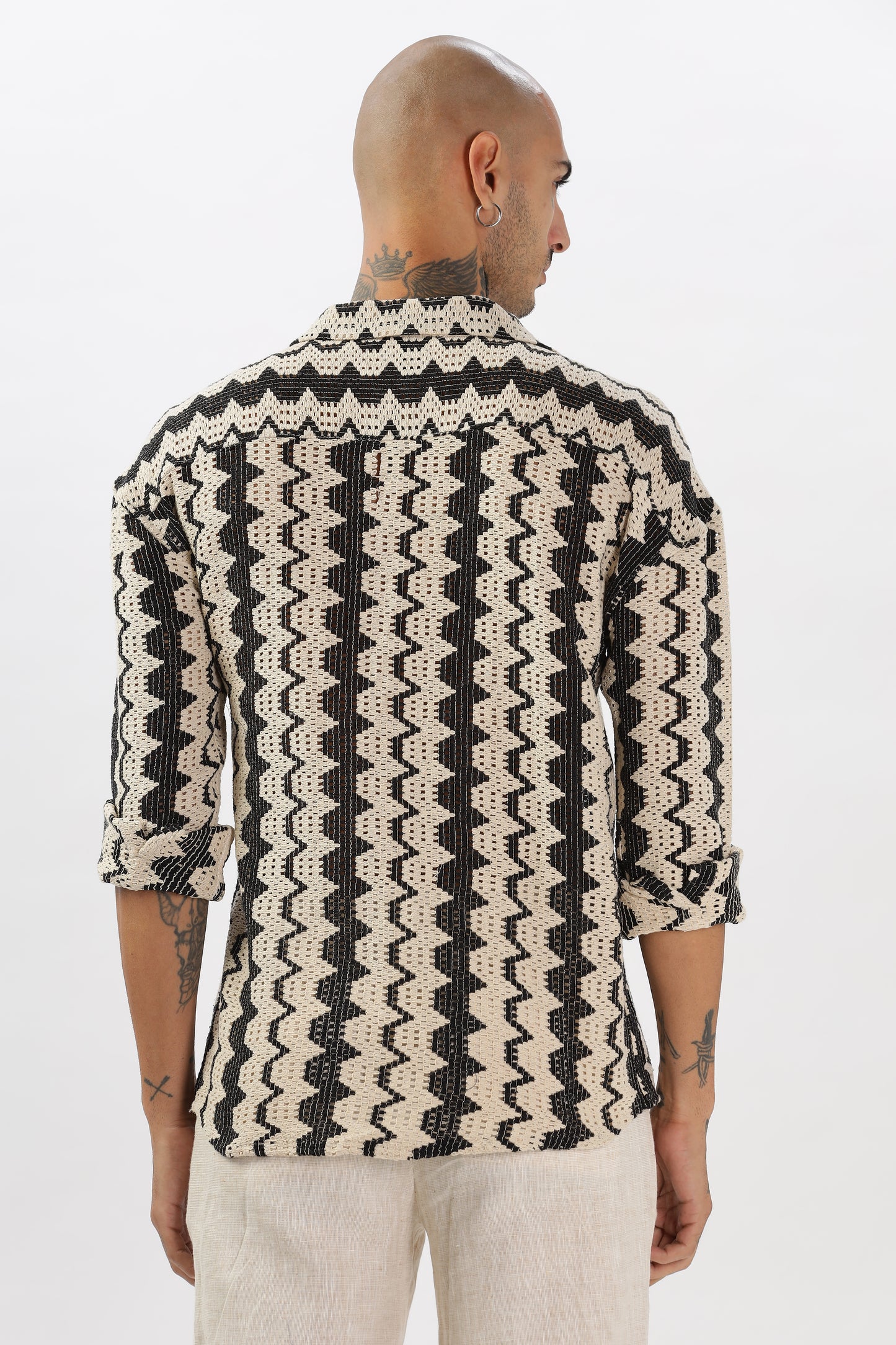 Black & Ivory Wavy Stripe Crochet Cuban Collar Shirt