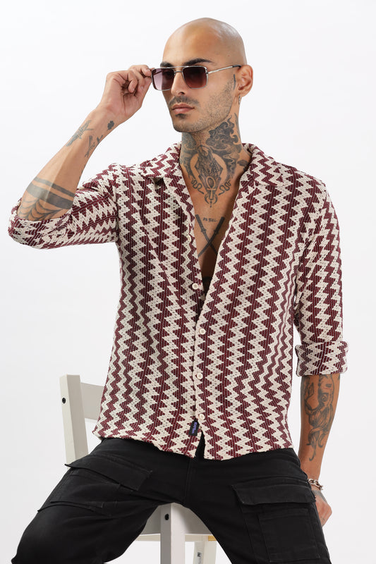 Maroon Zigzag Crochet Cuban Collar Shirt