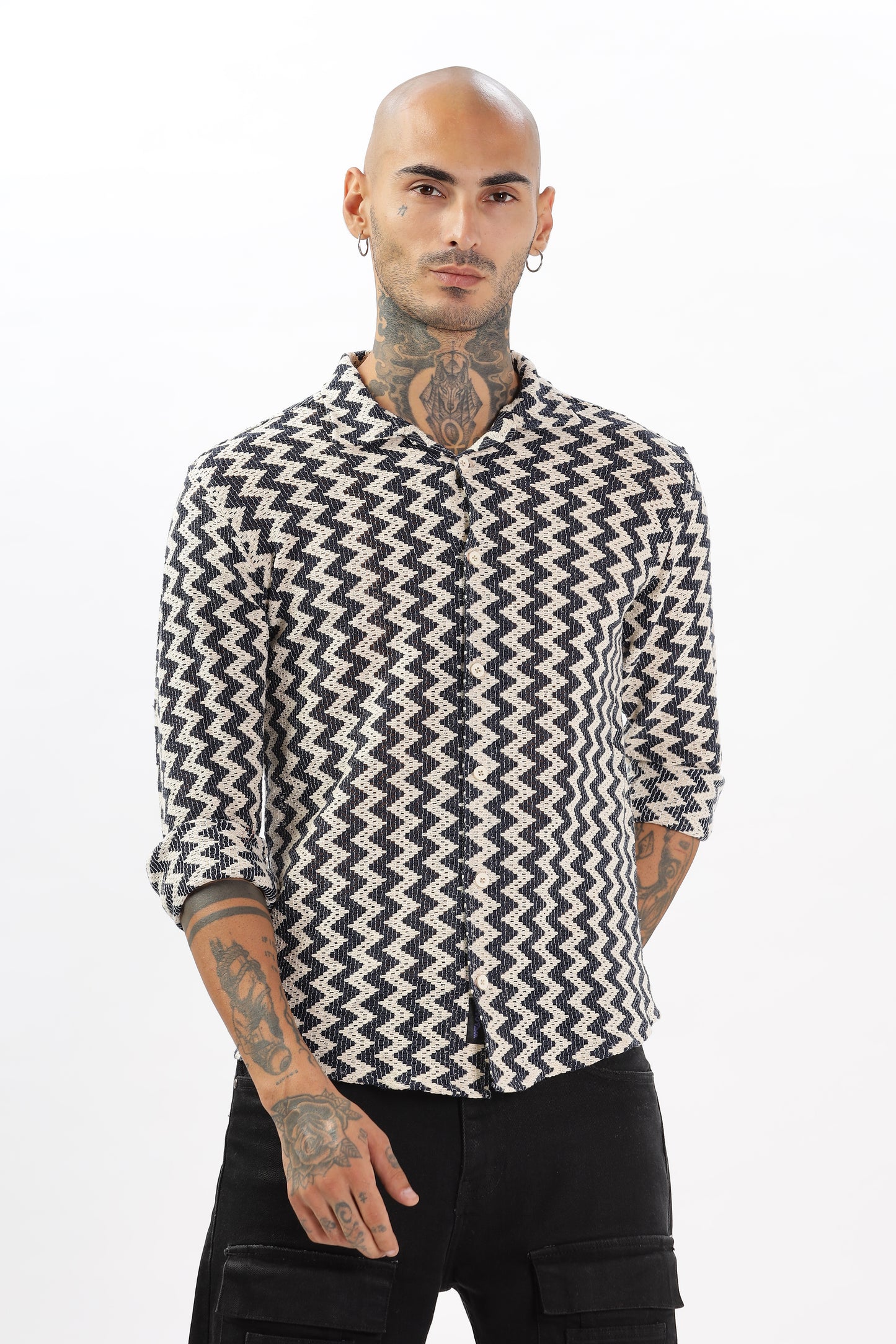 Navy Zigzag Crochet Cuban Collar Shirt