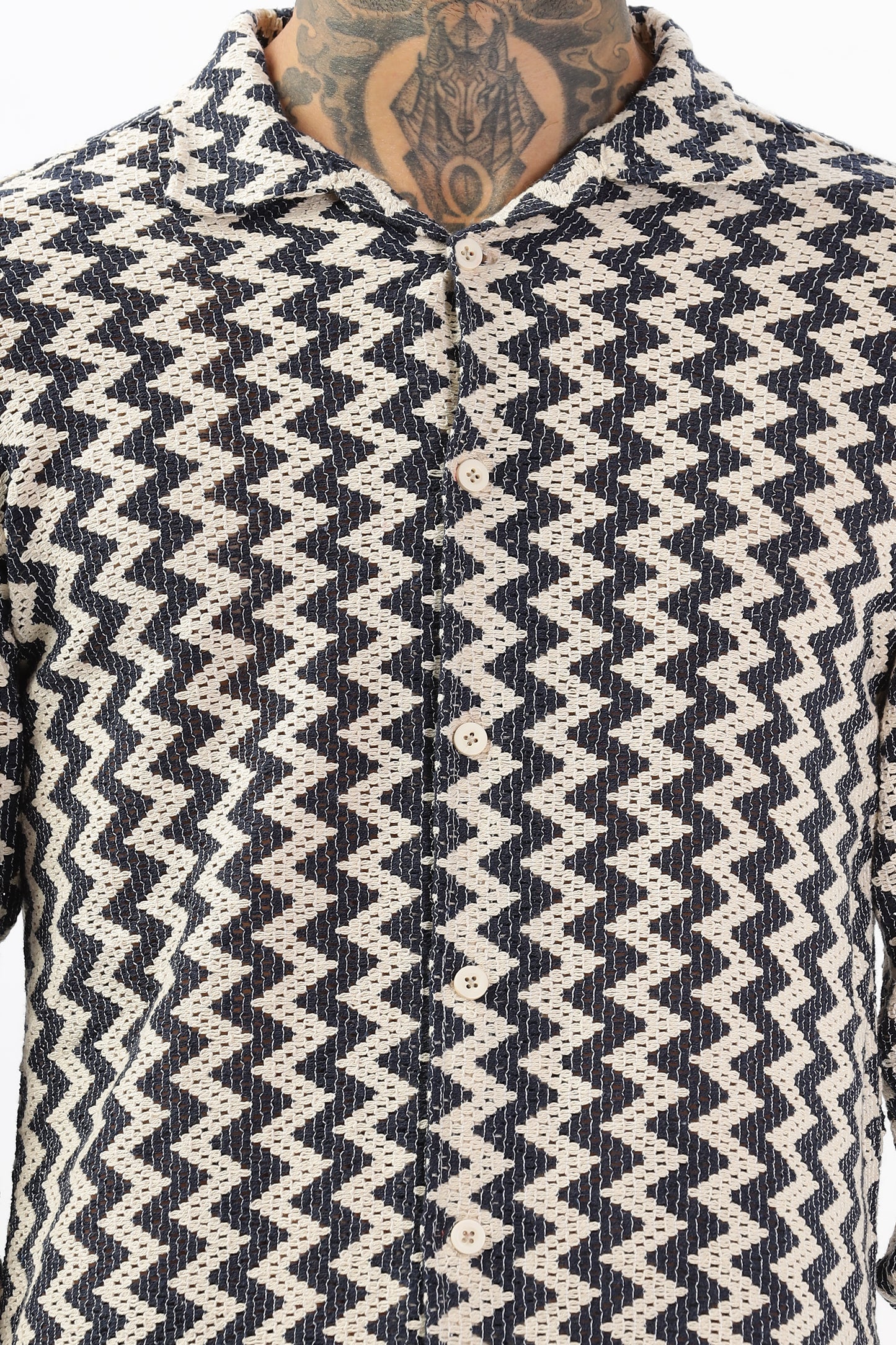 Navy Zigzag Crochet Cuban Collar Shirt