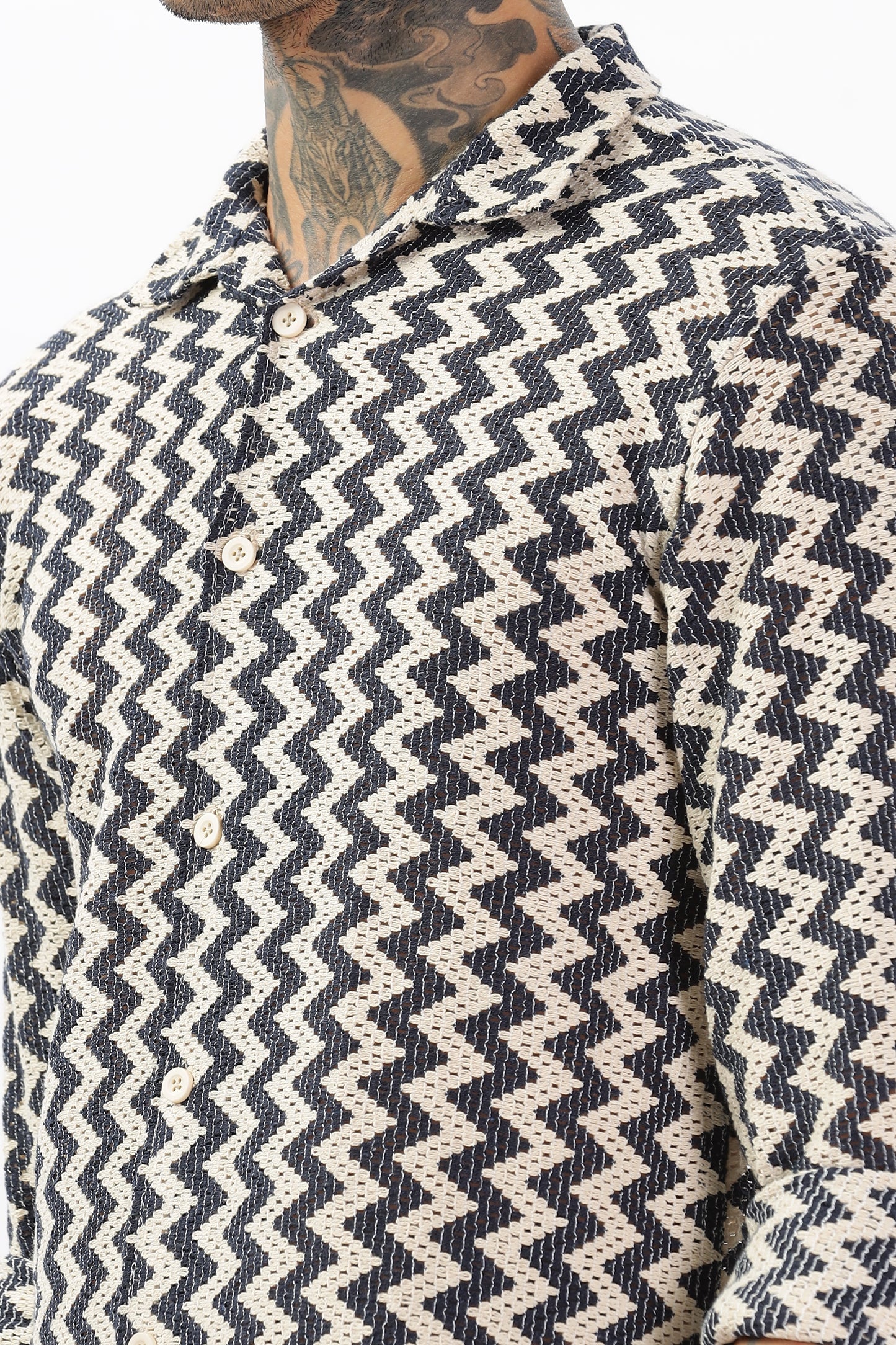 Navy Zigzag Crochet Cuban Collar Shirt