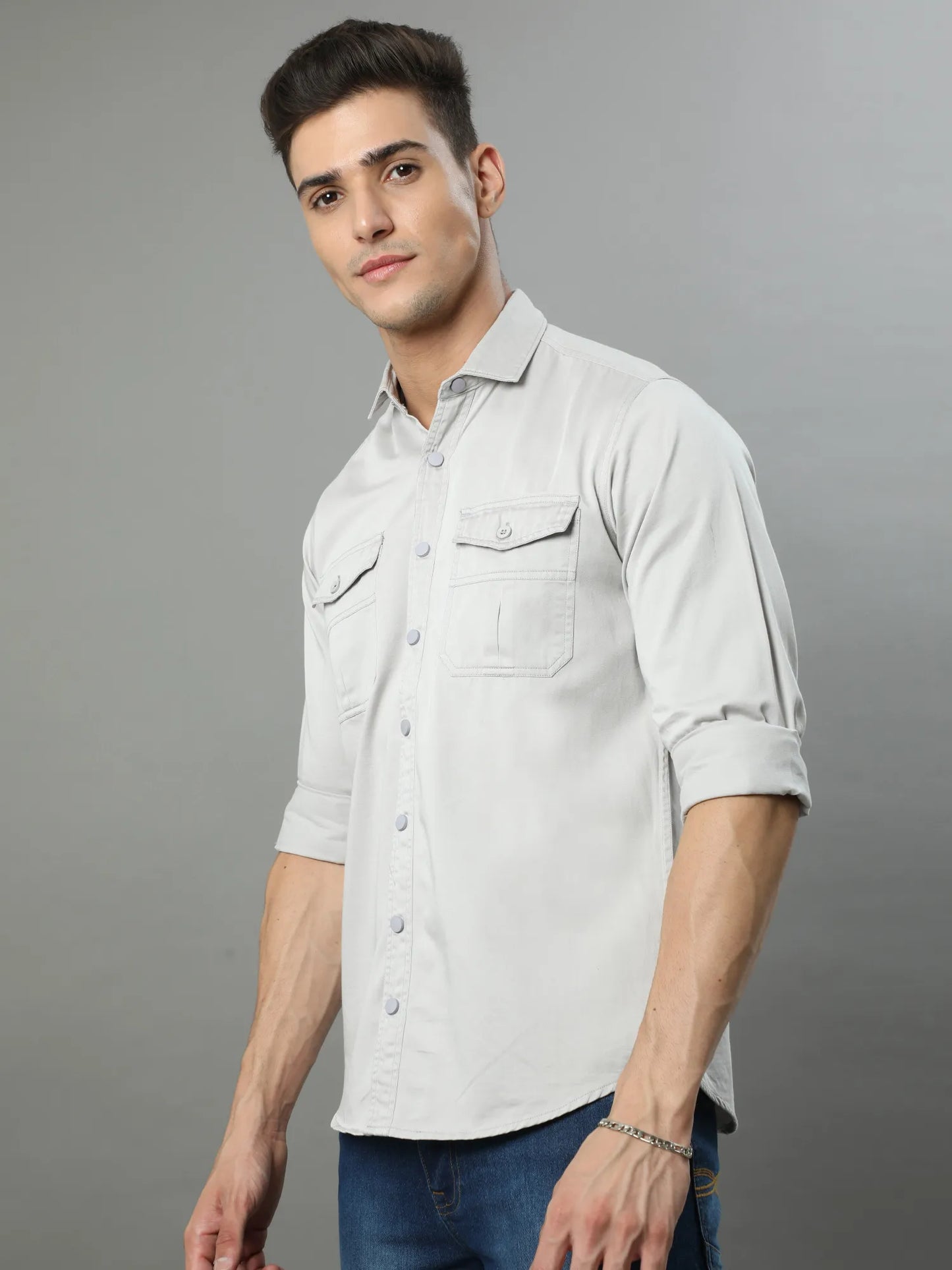 Grey Double Pocket Cargo Shirt for Men 