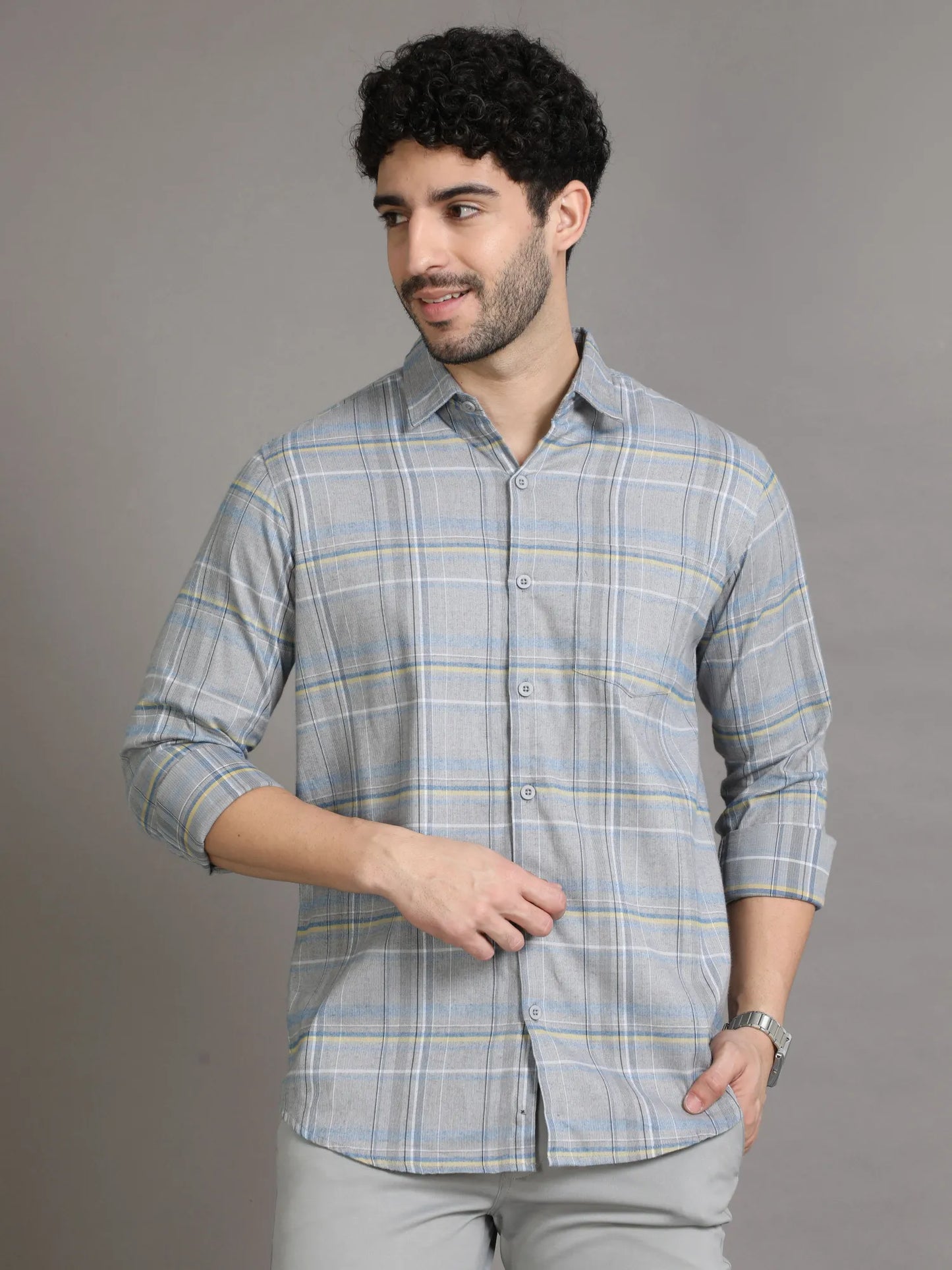Men's Grey Cord Checkered Shirt