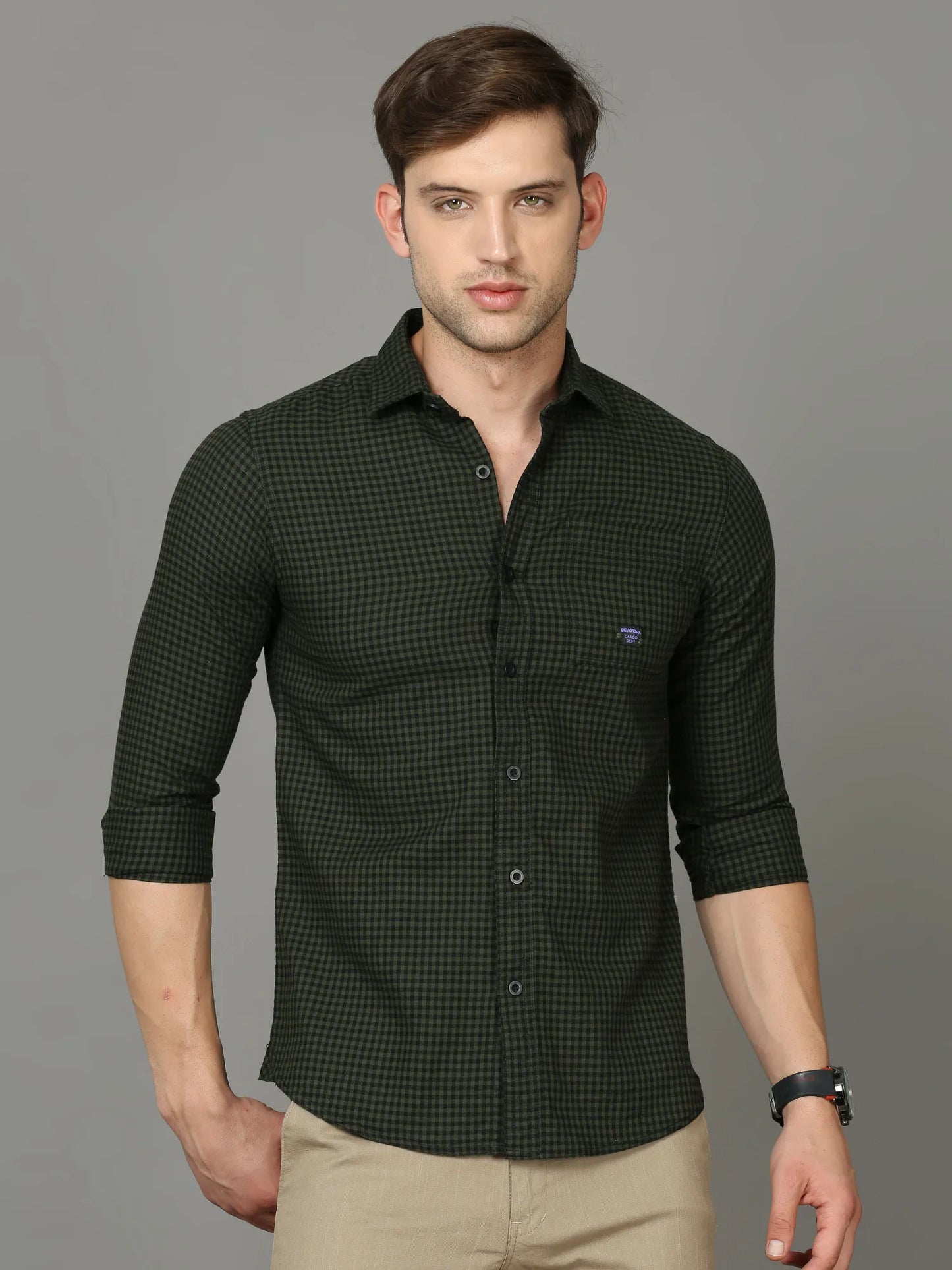 Bottle Green Checkered Shirt for Men 