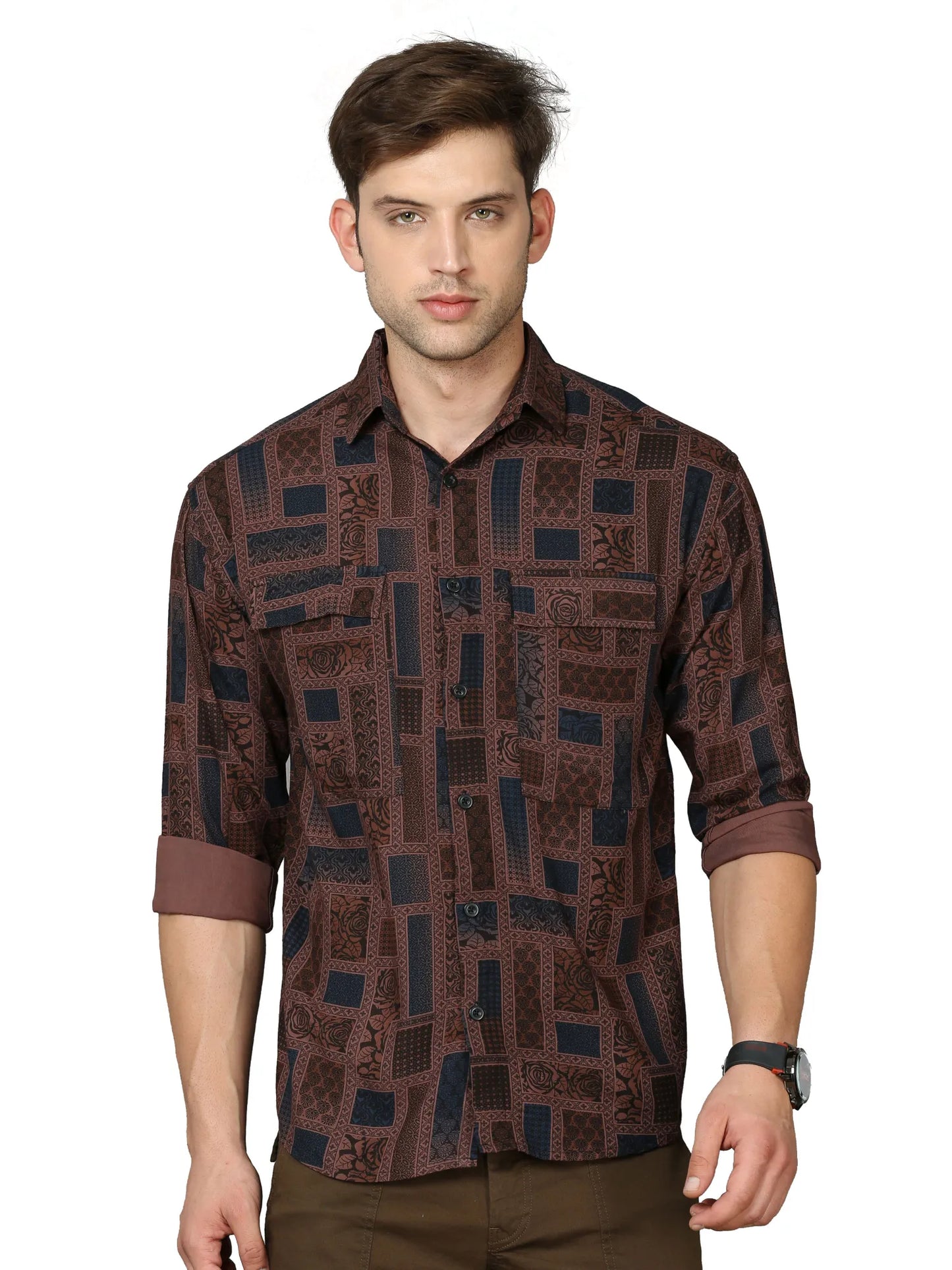 Oversized Brown Rayon Shirt With Dual Pockets