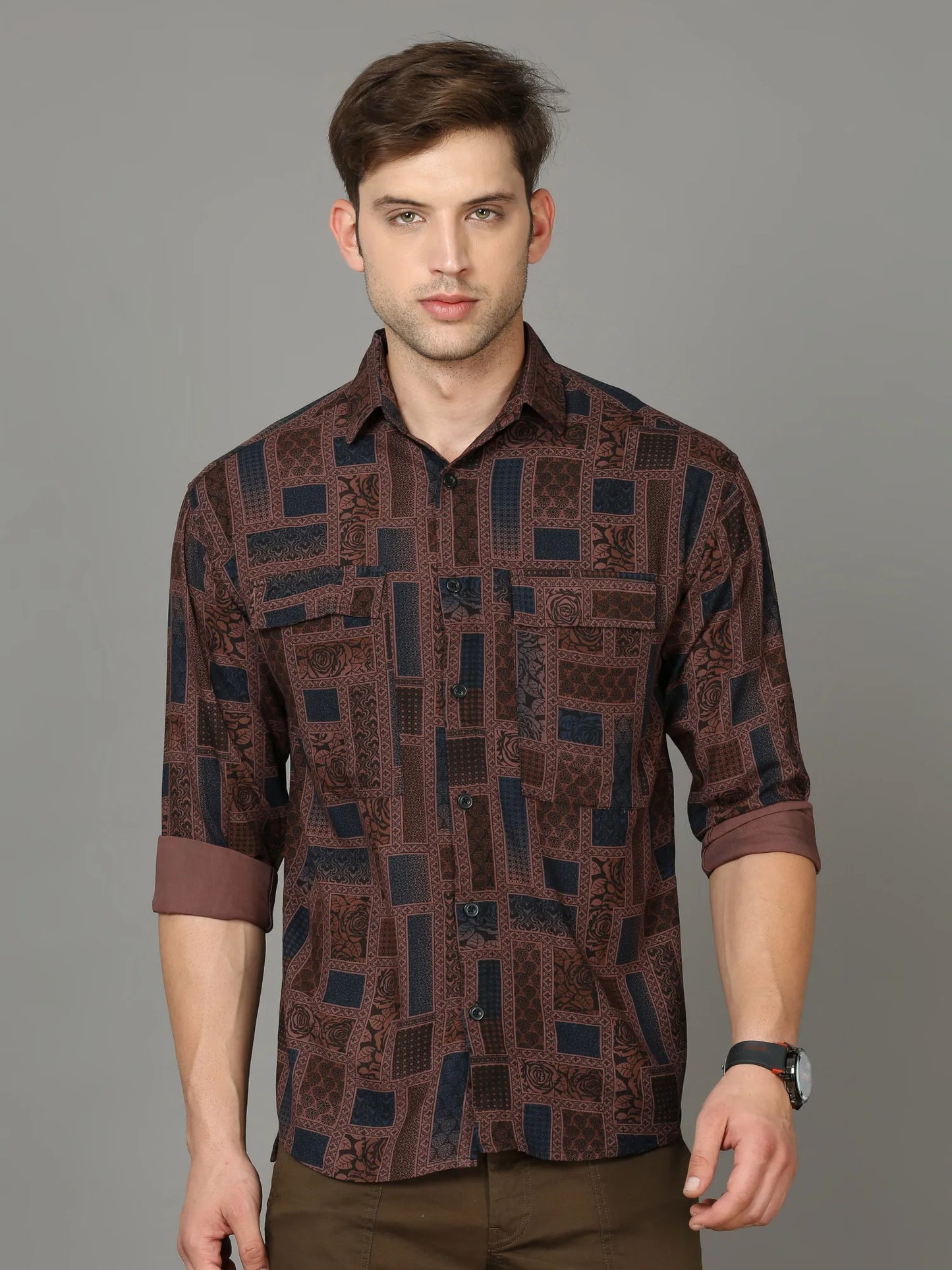 Oversized Brown Rayon Shirt With Dual Pockets