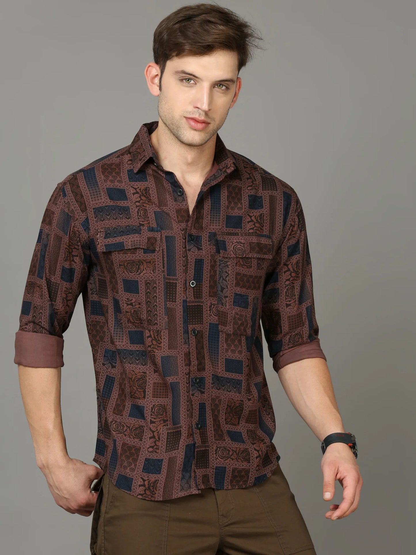 Oversized Brown Rayon Shirt With Dual Pockets