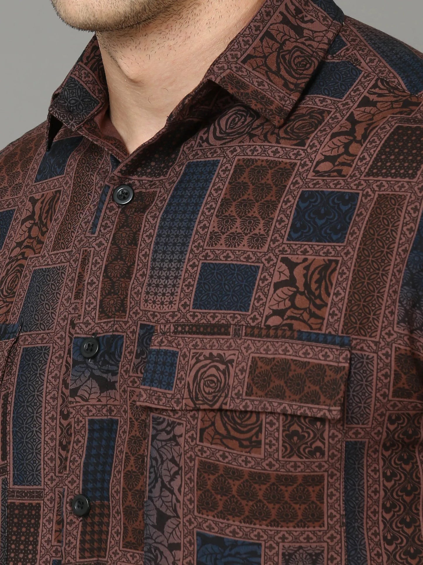 Oversized Brown Rayon Shirt With Dual Pockets