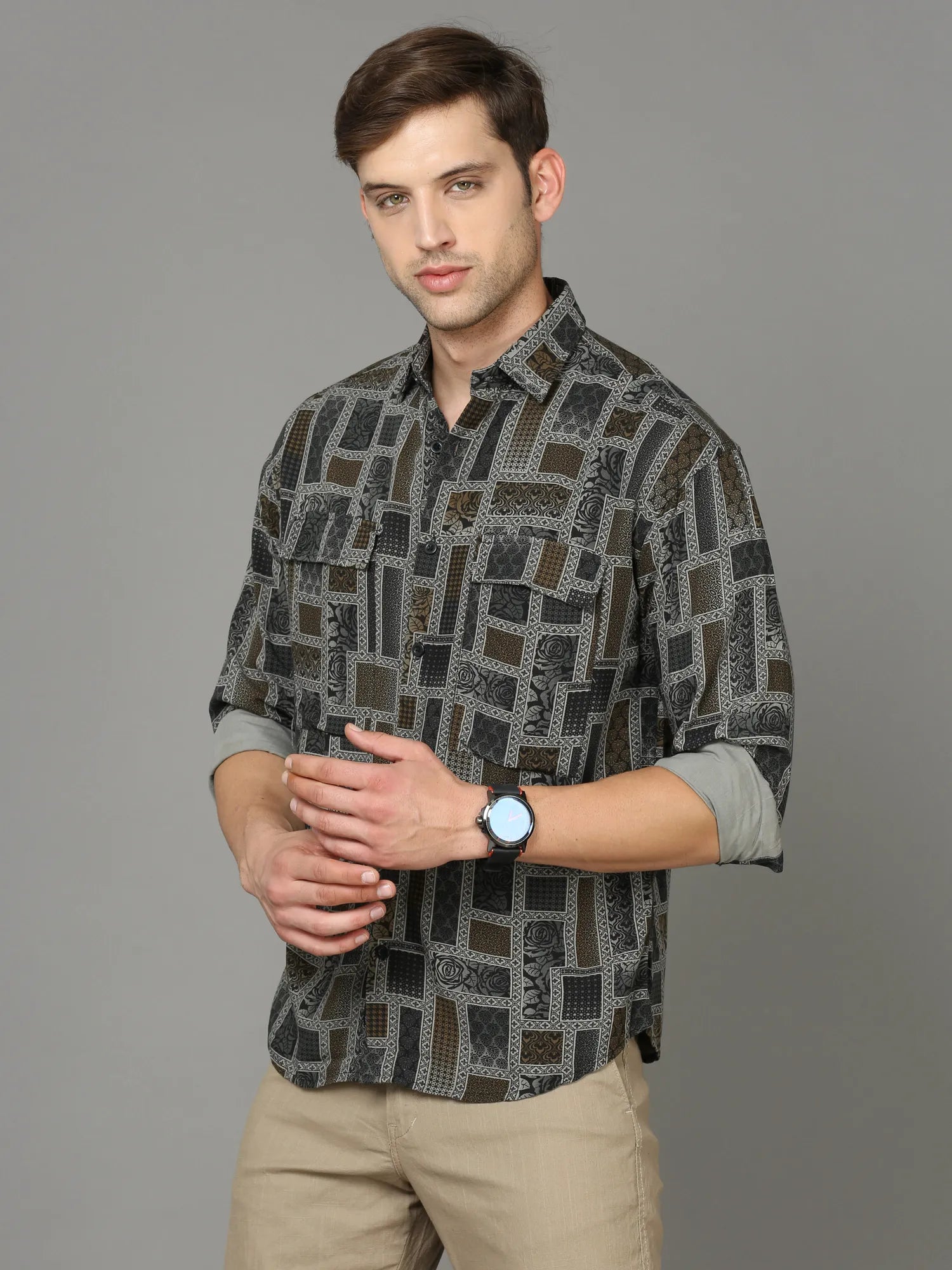 Olive Dual Pockets Rayon Shirt for Men