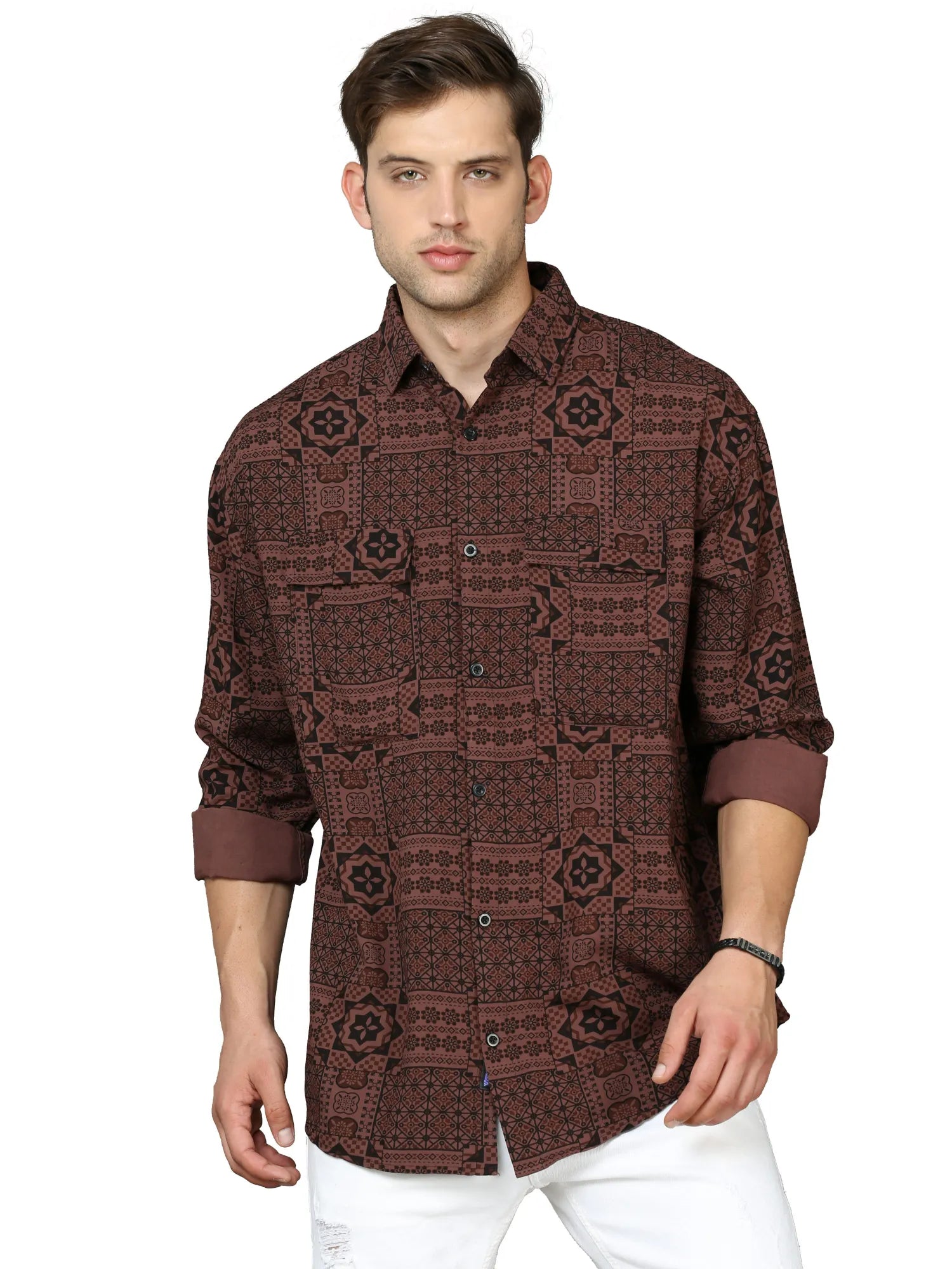 Brown Dual Pockets Rayon Shirt for Men