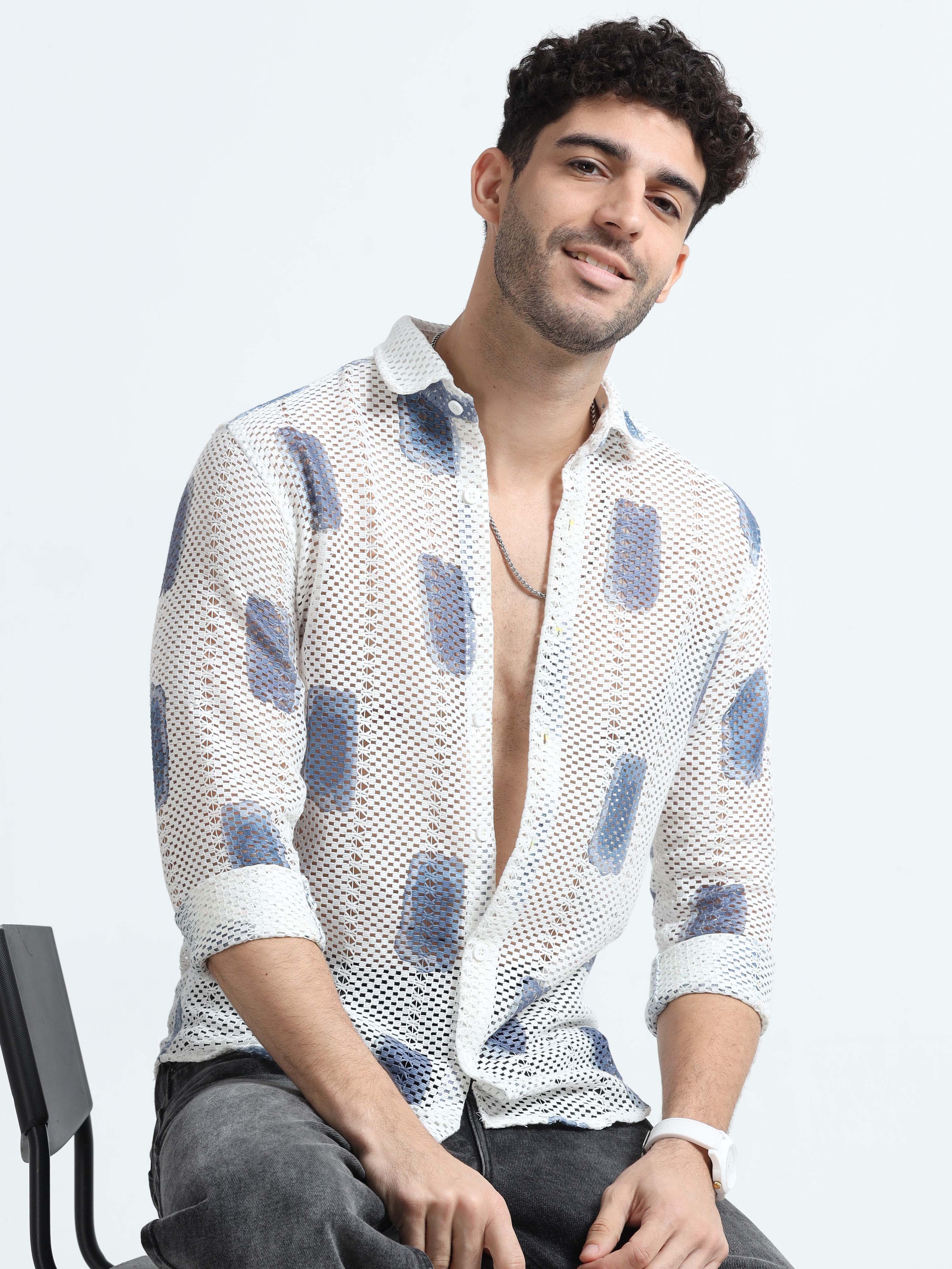 Croknit White and Blue Printed Crochet Shirt – Bevdaas