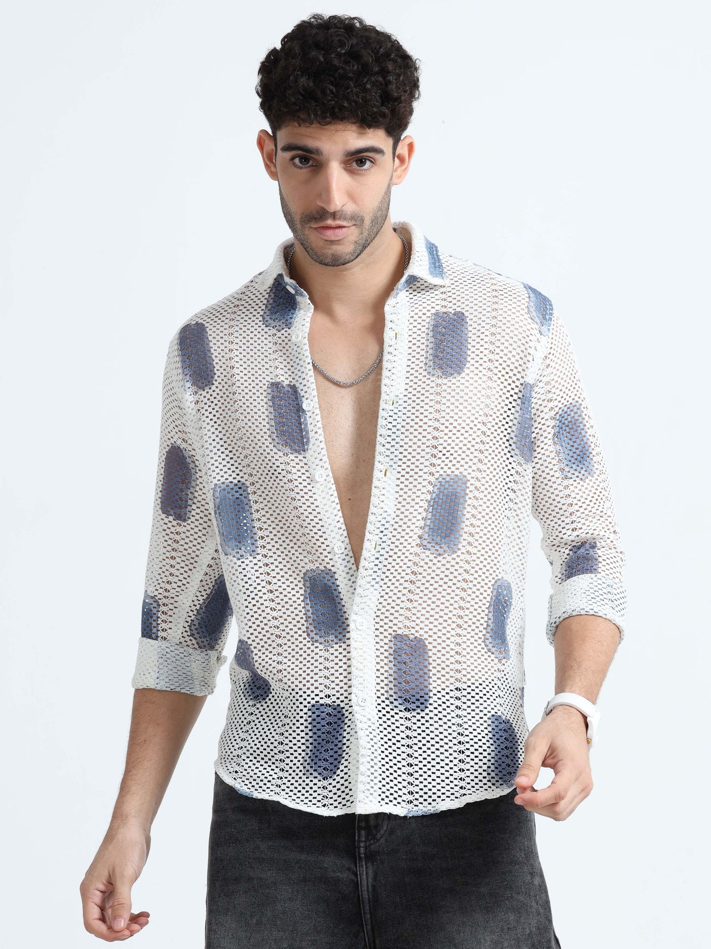 Croknit White and Blue Printed Crochet Shirt