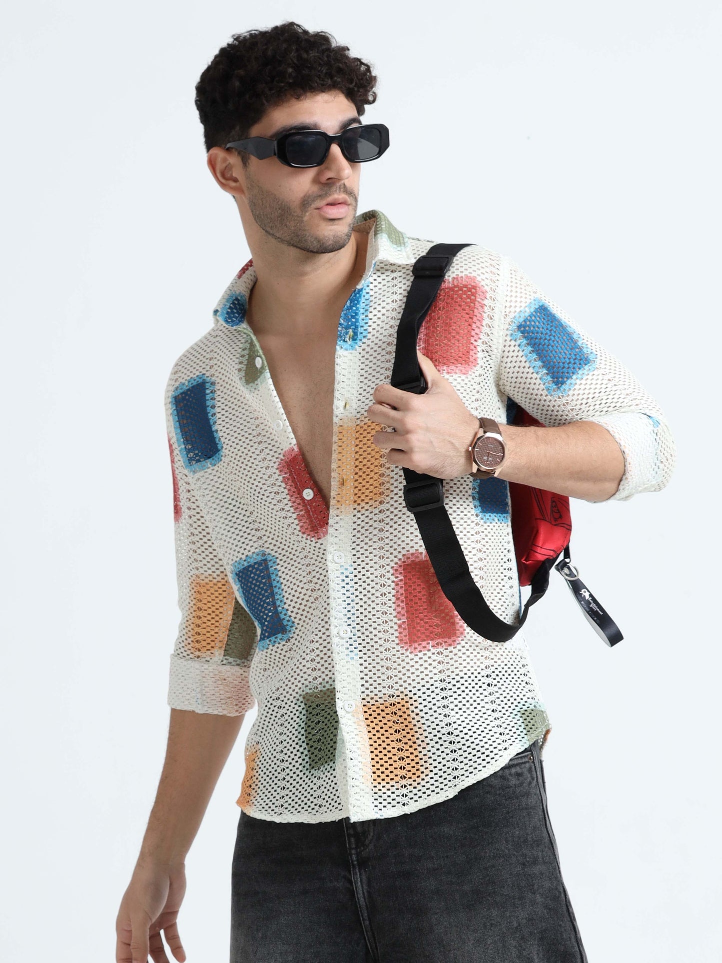 Croknit Off White Printed Crochet Shirt