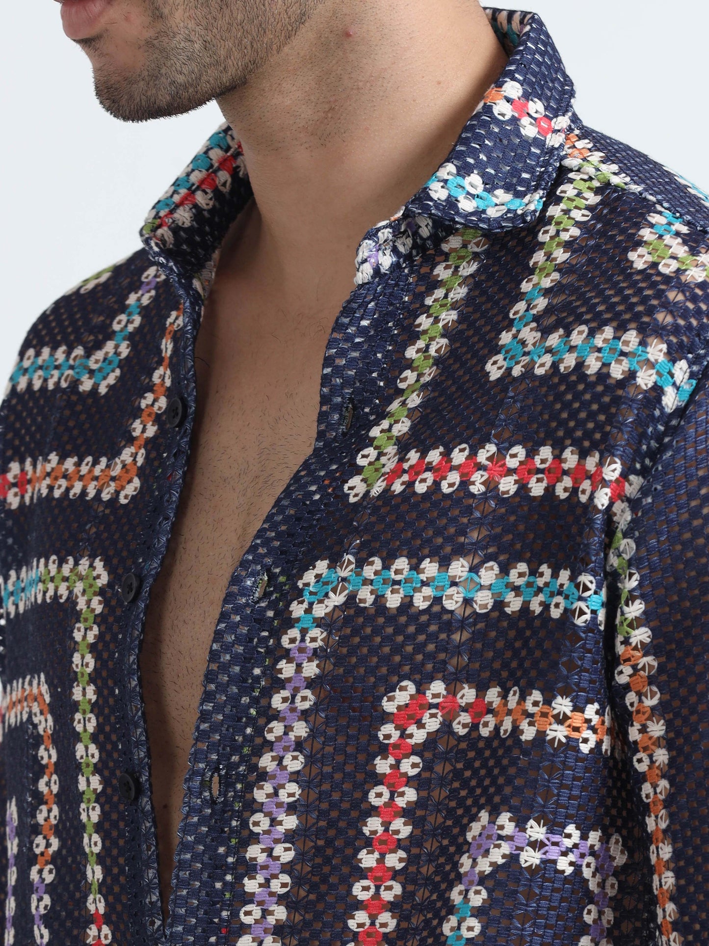 Croknit Navy Blue Printed Crochet Shirt