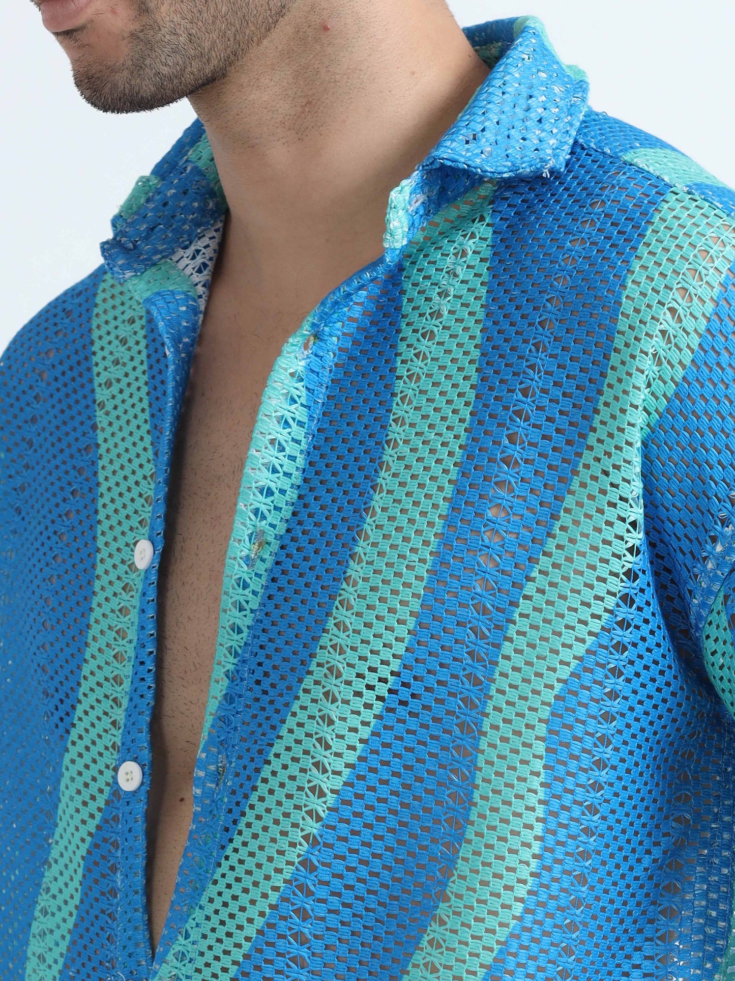 Croknit Blue and Green Printed Crochet Shirt