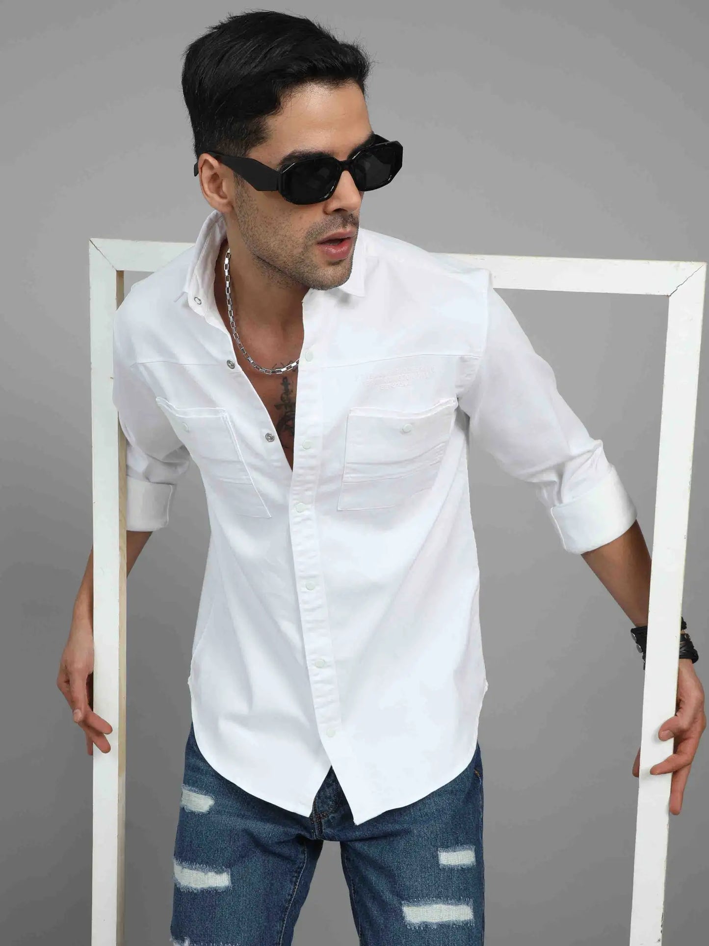 Pure Elegance Double Pocket White Fabric Shirt for Men 