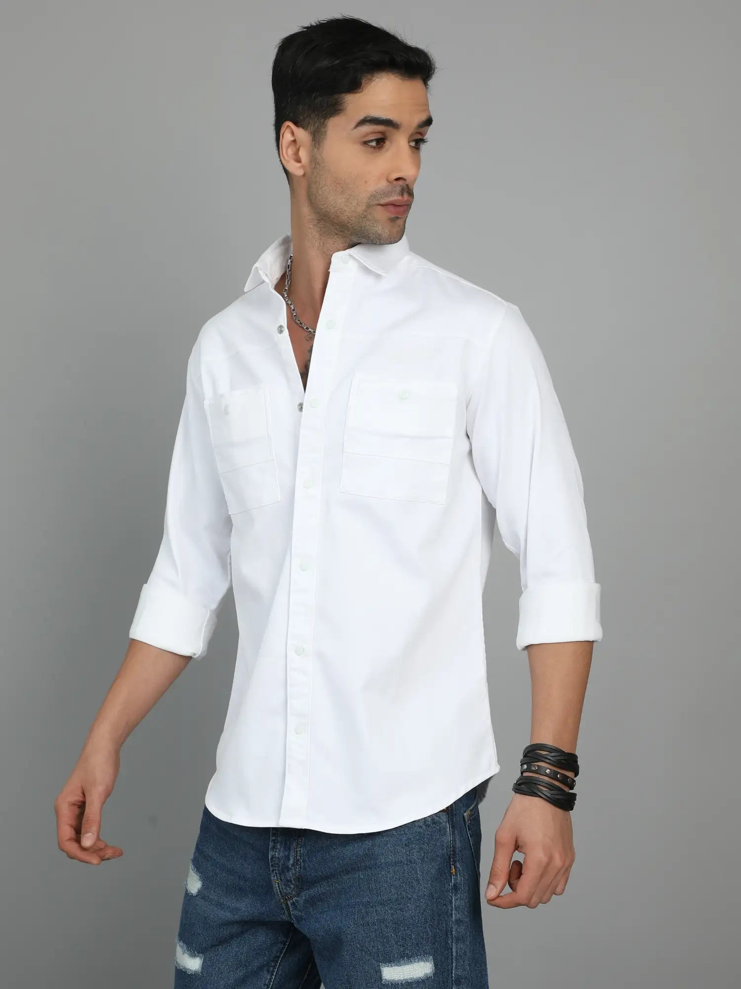 Pure Elegance Double Pocket White Fabric Shirt for Men 