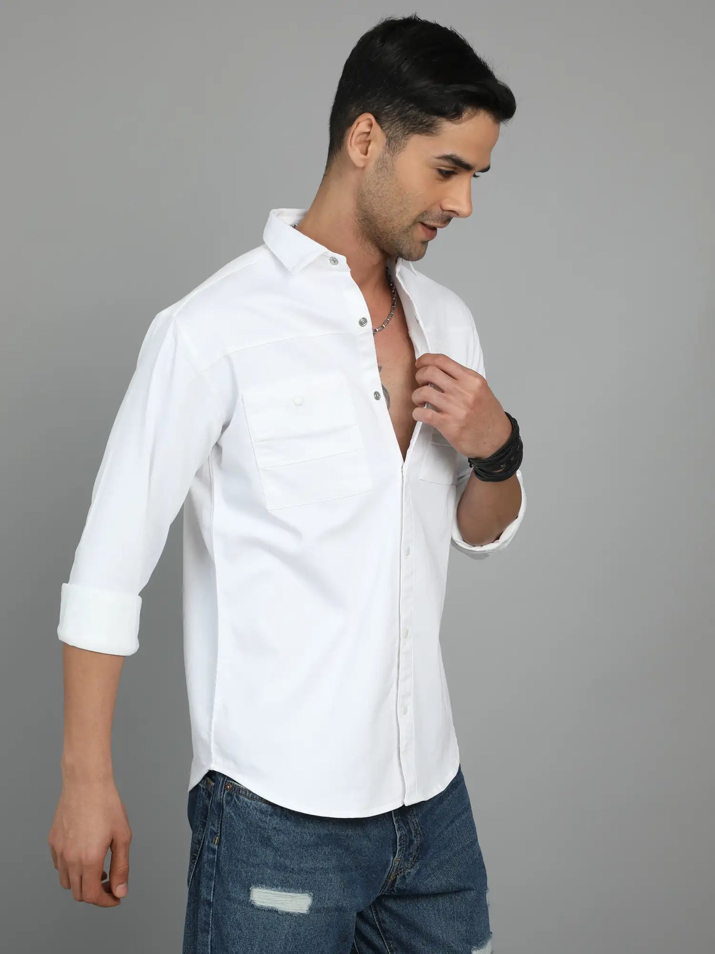 Pure Elegance Double Pocket White Fabric Shirt for Men 