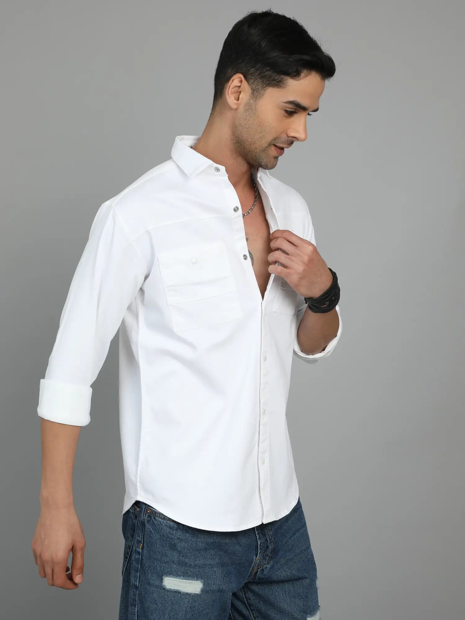 Pure Elegance Double Pocket White Fabric Shirt for Men 