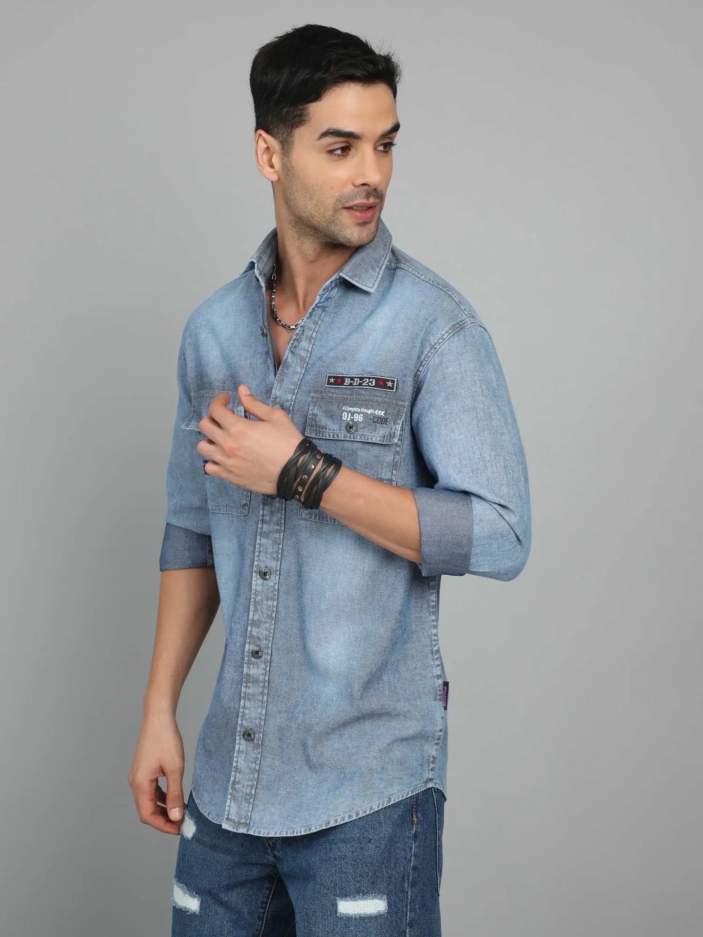 Dobby Distinction Denim Shirt for Men 