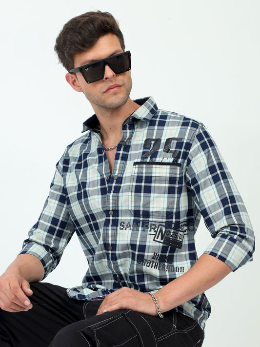 Creamy White Essence Indigo Checkered Shirt